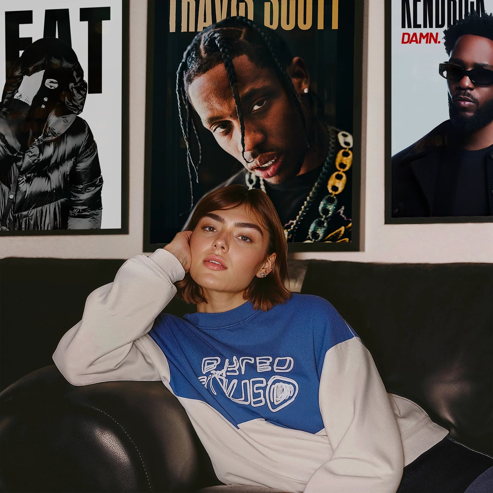 Jeune femme assise sur un canapé devant un mur décoré de posters Jok’Air, Bekar et Disiz – collection nouveautés Freamer Posters.