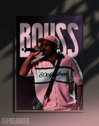 Poster mural "BOUSS" dans un cadre – vue de face, ambiance déco moderne, ton rose