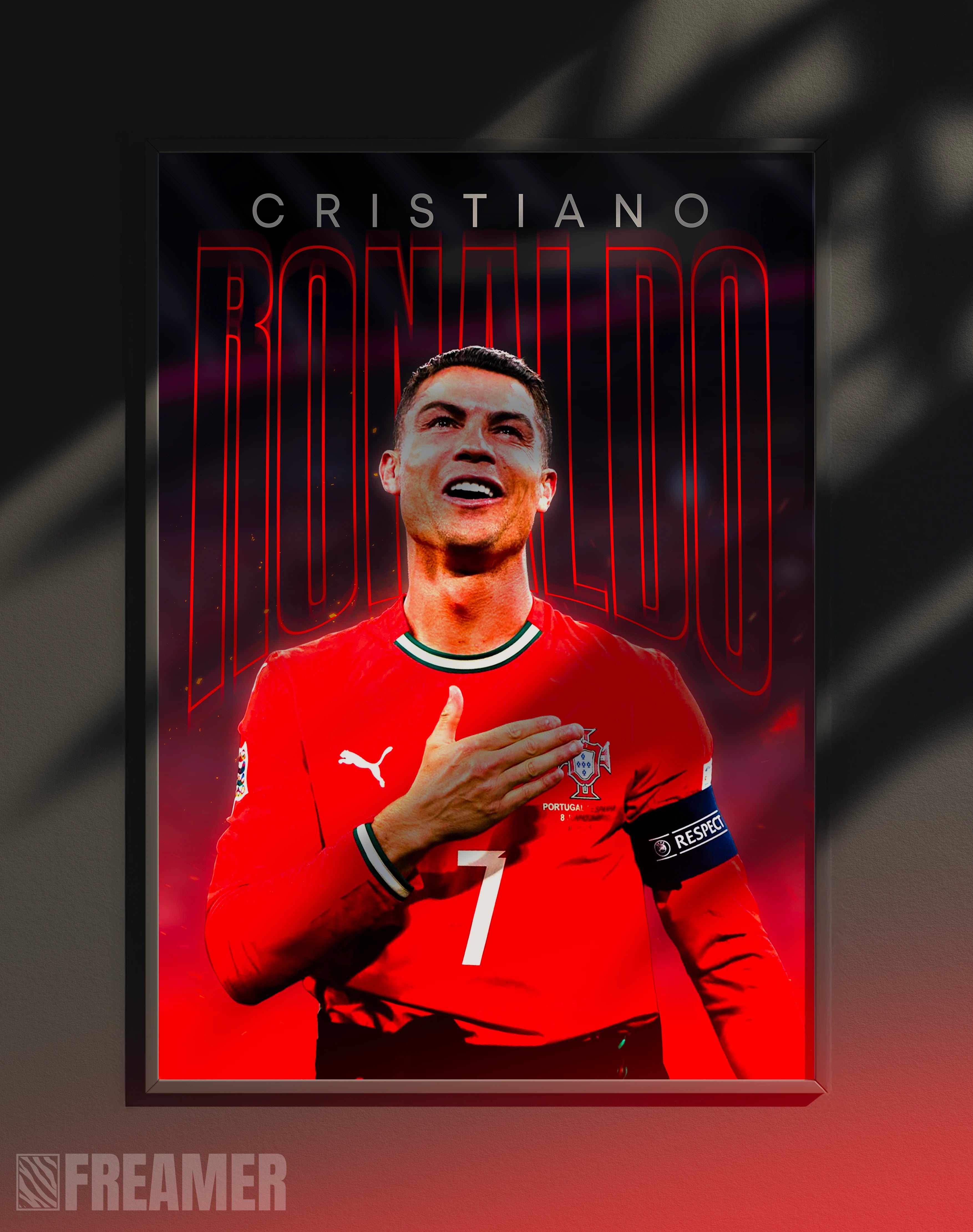 Poster mural "CRISTIANO RONALDO" dans un cadre – vue de face, ambiance déco moderne, ton rouge