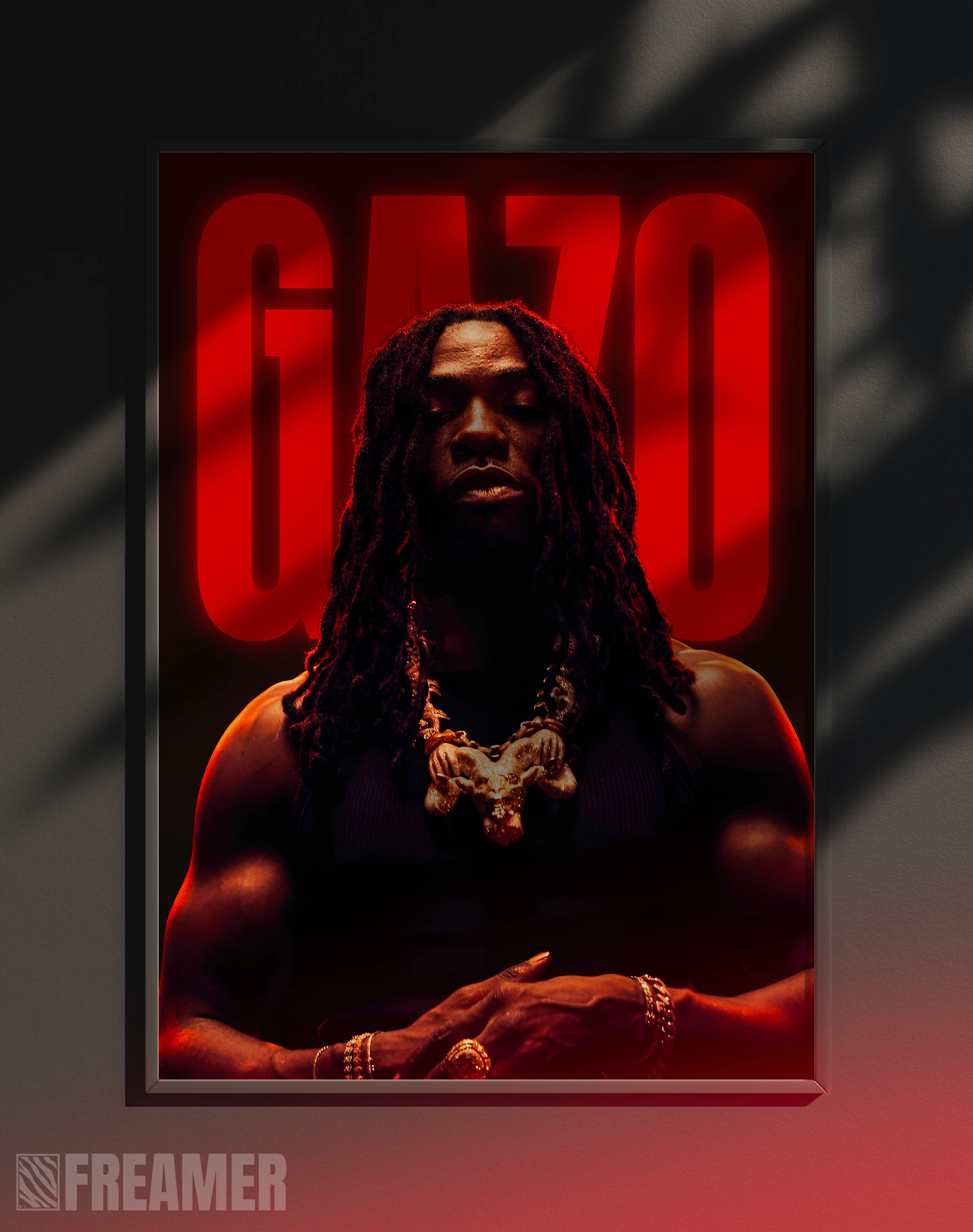 Poster mural "GAZO" dans un cadre – vue de face, ambiance déco moderne, ton rouge