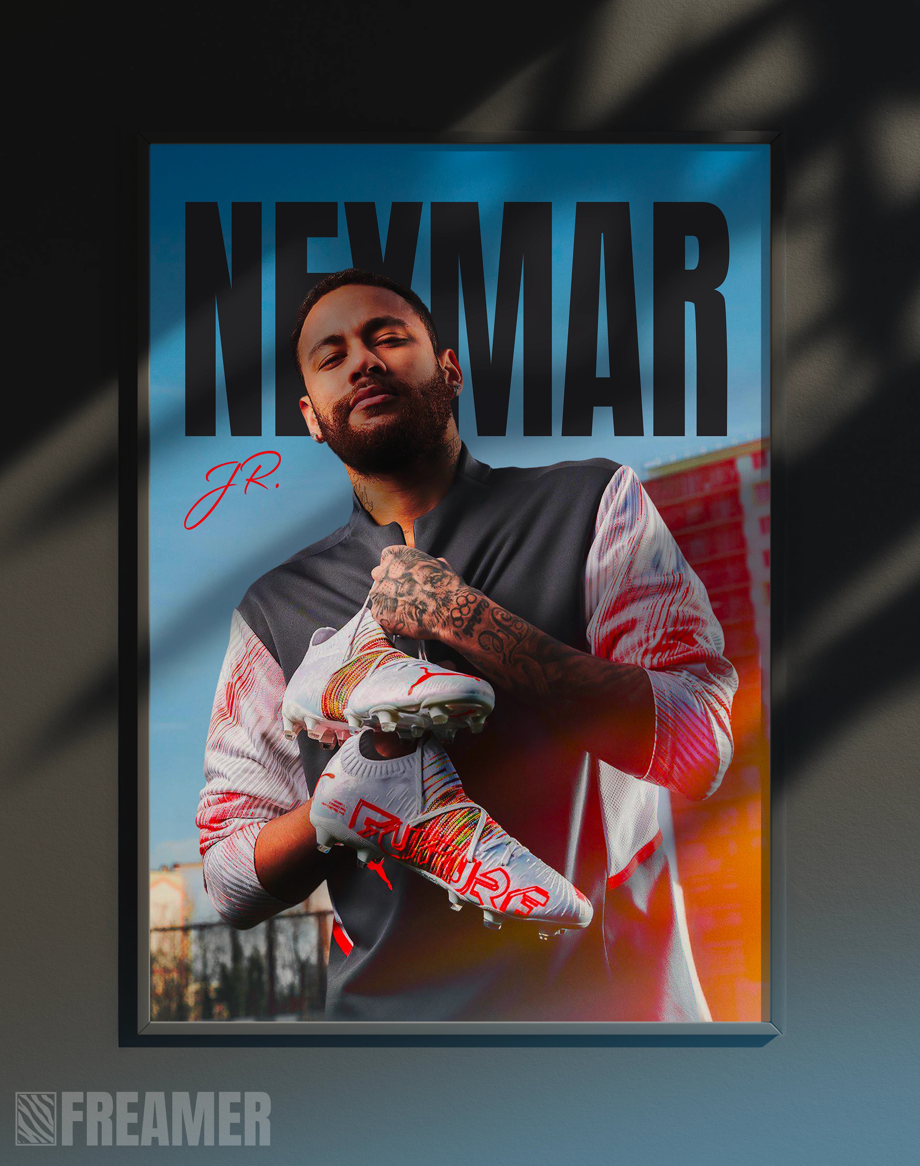 Poster mural "NEYMAR JR" dans un cadre – vue de face, ambiance déco moderne, ton bleu, gris et rouge