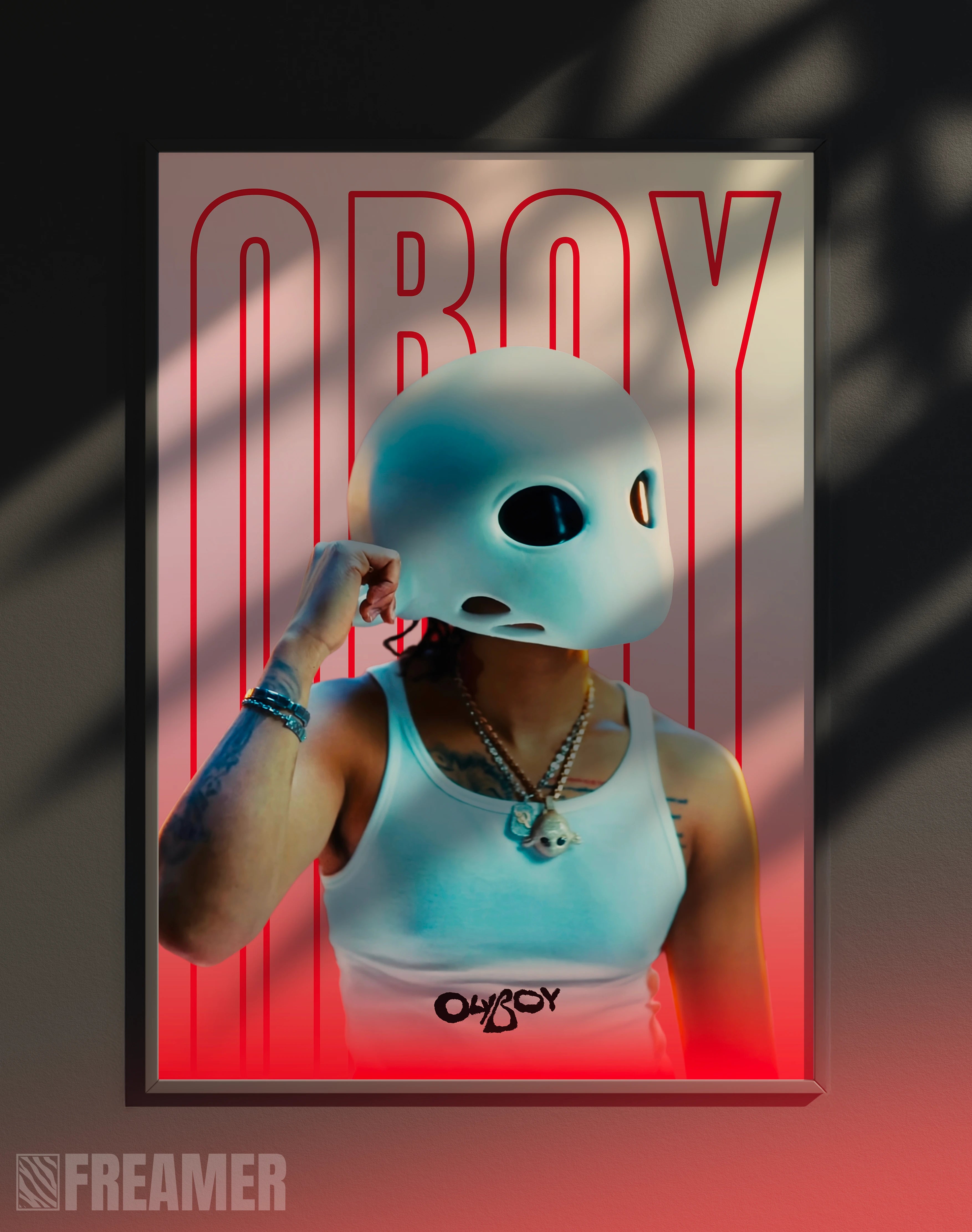 Poster mural "OBOY" dans un cadre – vue de face, ambiance déco moderne, ton rouge