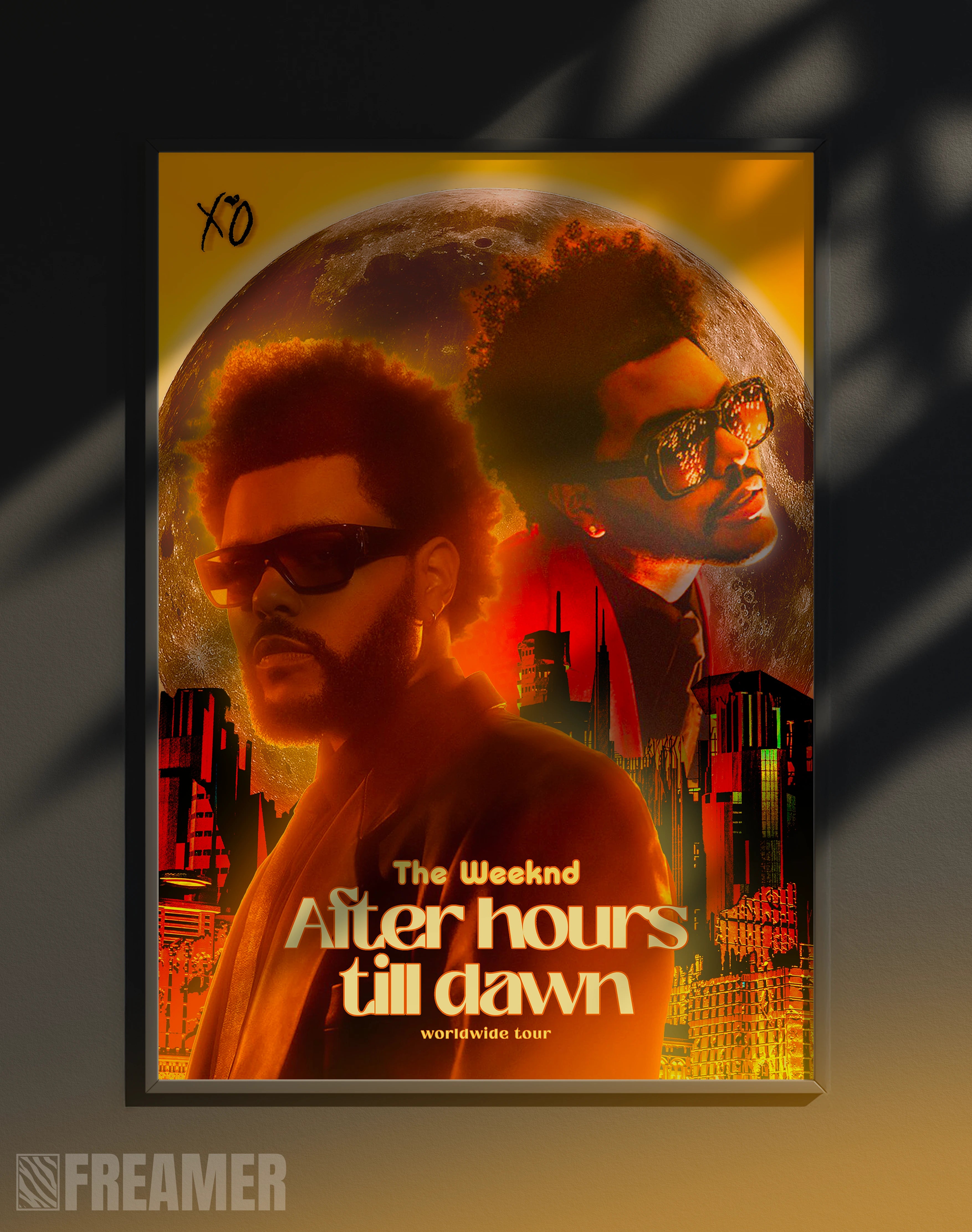 Poster mural "THE WEEKND" dans un cadre – vue de face, ambiance déco moderne, ton orange