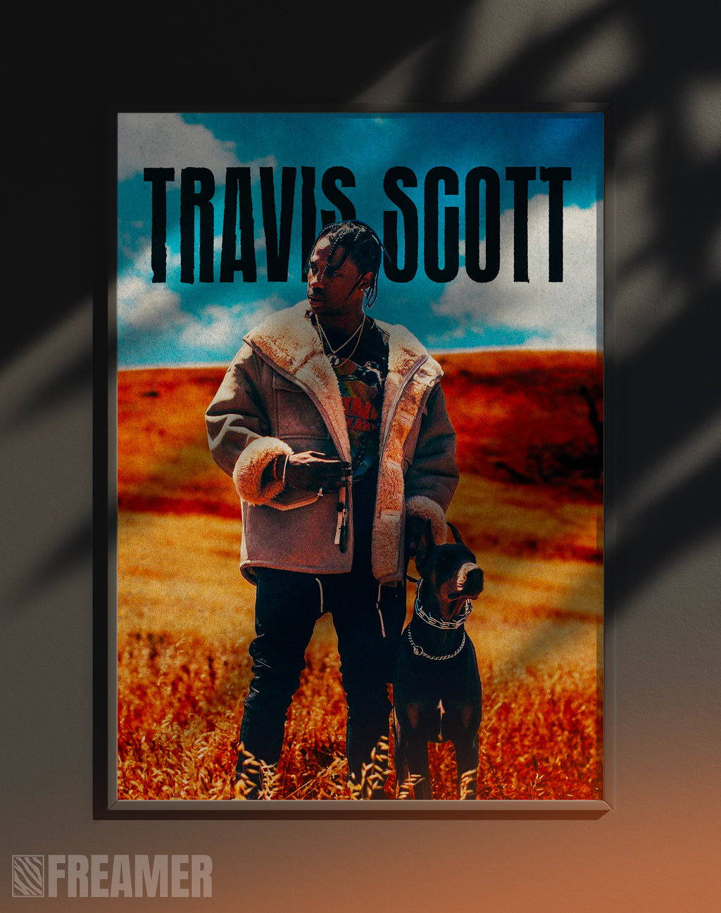 Poster mural "TRAVIS SCOTT" dans un cadre – vue de face, ambiance déco moderne, ton orange