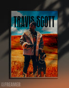 Poster mural "TRAVIS SCOTT" dans un cadre – vue de face, ambiance déco moderne, ton orange