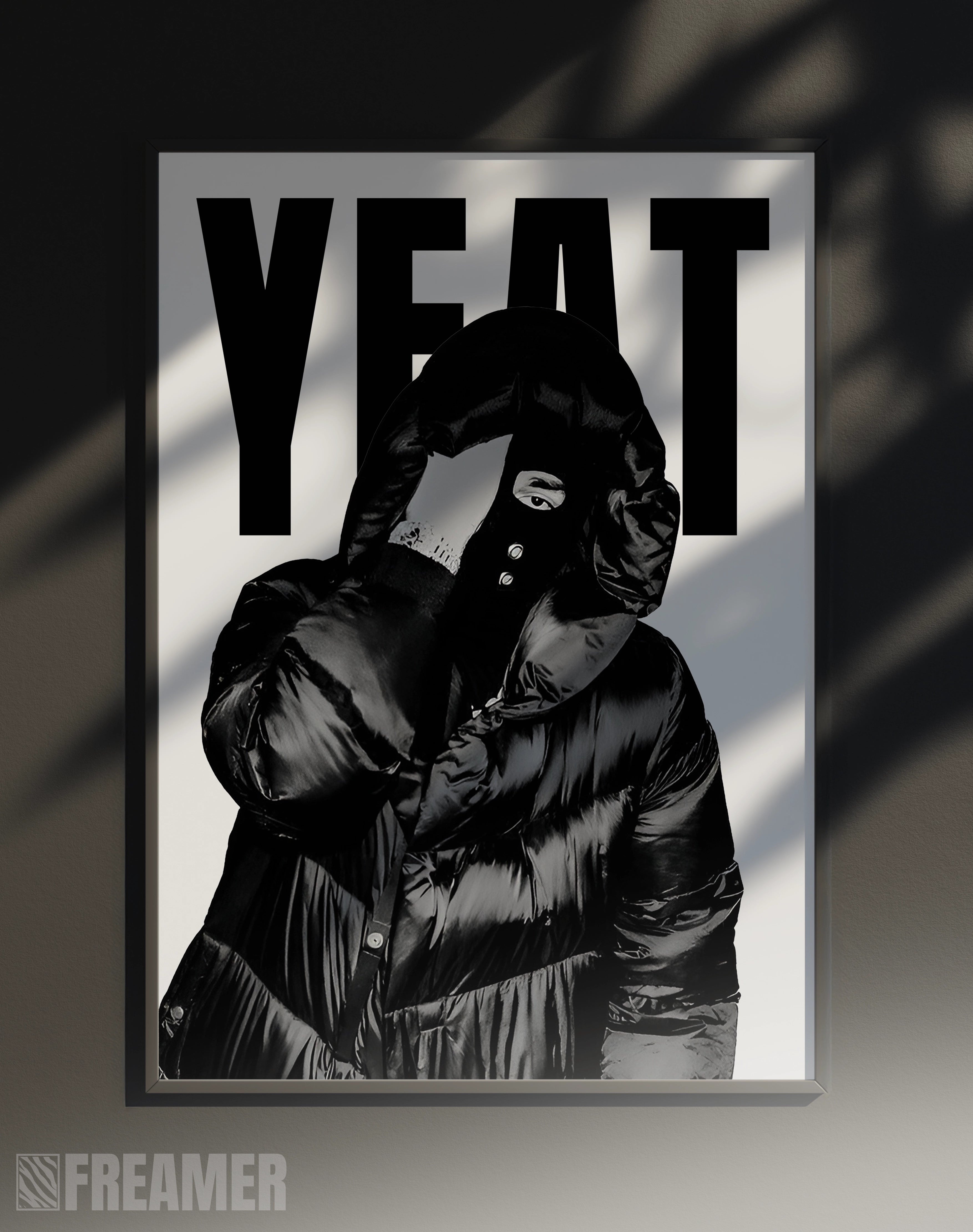 Poster mural "YEAT" dans un cadre – vue de face, ambiance déco moderne, ton blanc