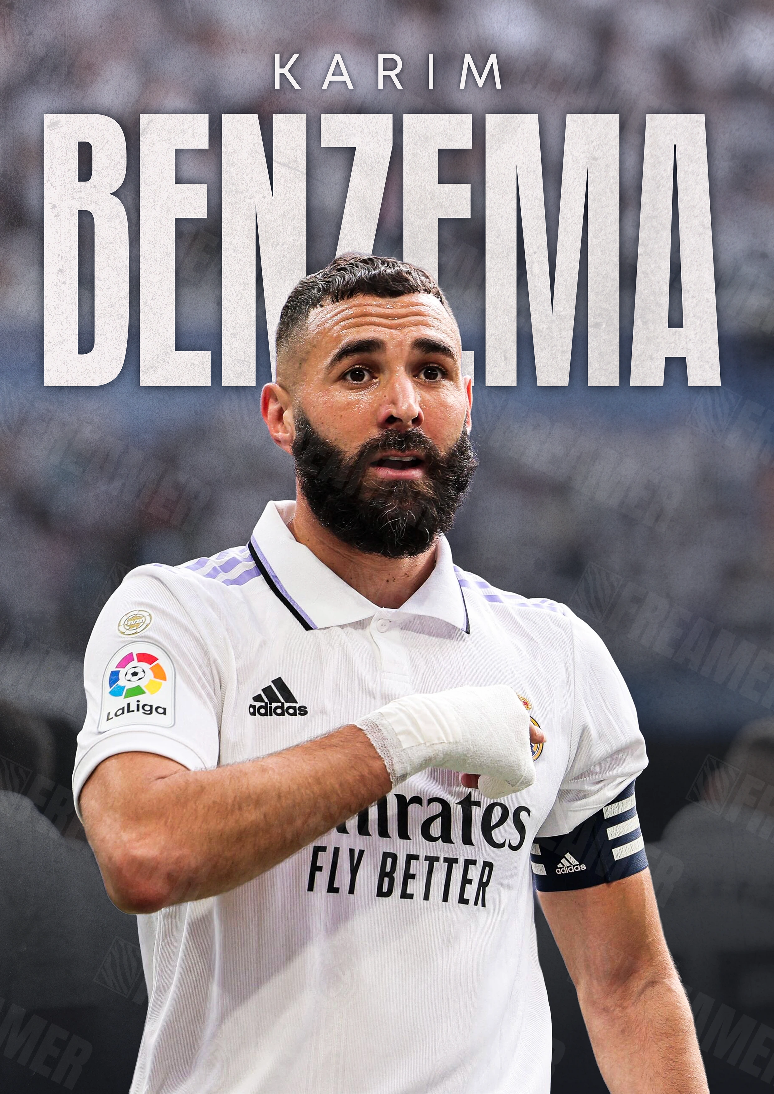 Design complet du poster "KARIM BENZEMA" – version sans cadre, visuel artistique, ton blanc