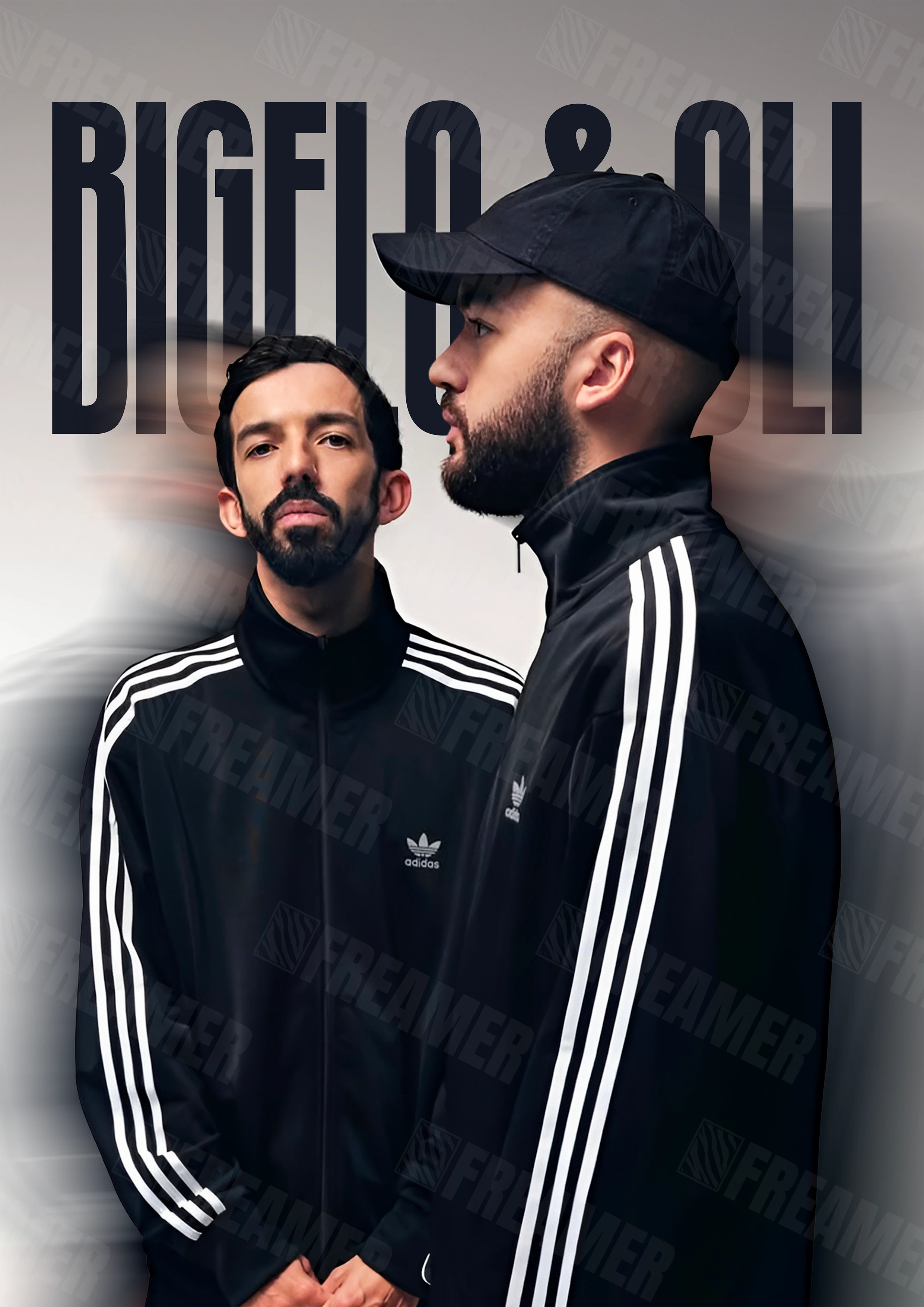 Design complet du poster "BIG FLO ET OLI" – version sans cadre, visuel artistique, ton noir et blanc