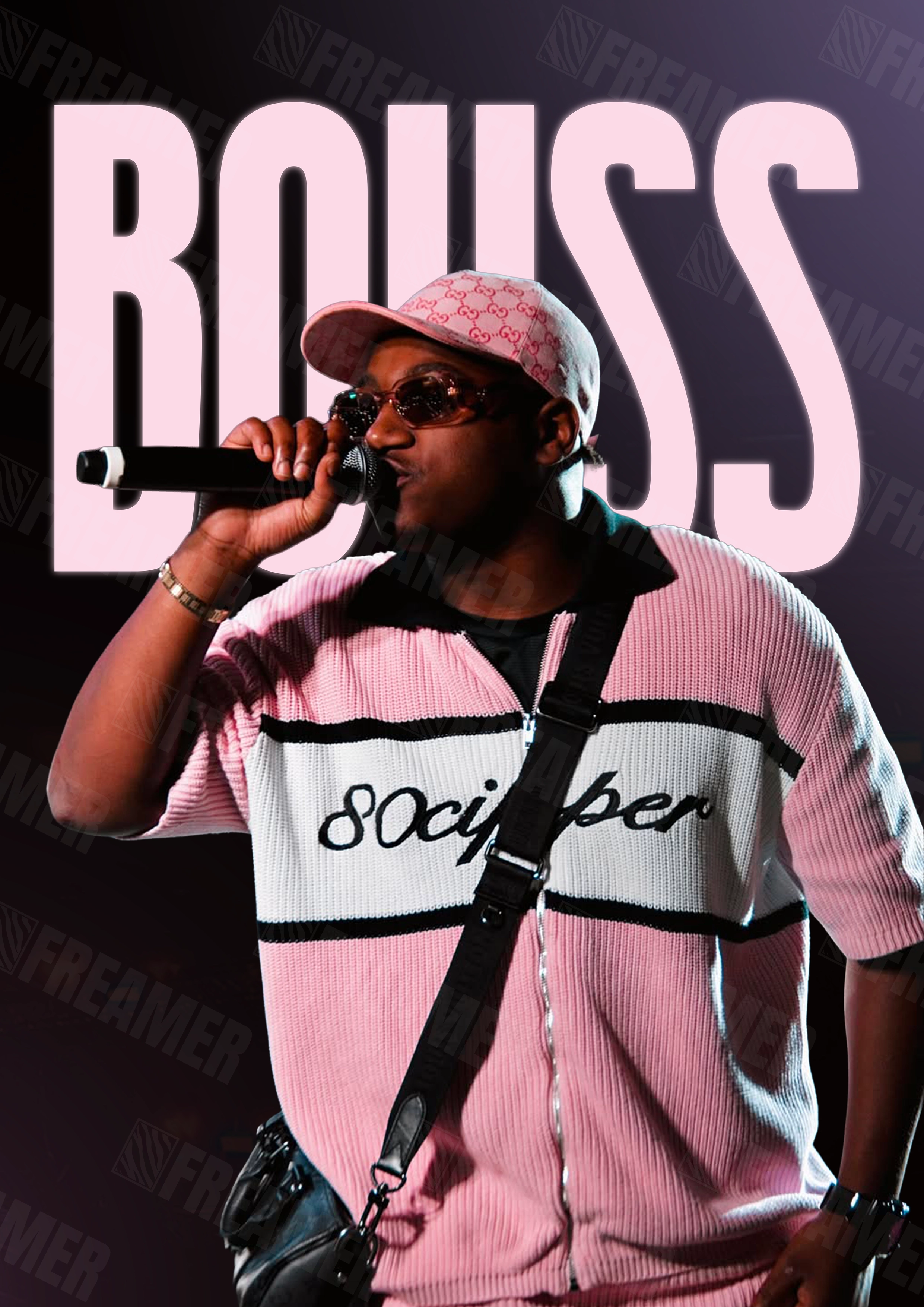 Design complet du poster "BOUSS" – version sans cadre, visuel artistique, ton rose