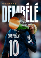 Design complet du poster "OUSMANE DEMBÉLÉ" – version sans cadre, visuel artistique, ton bleu, blanc et or