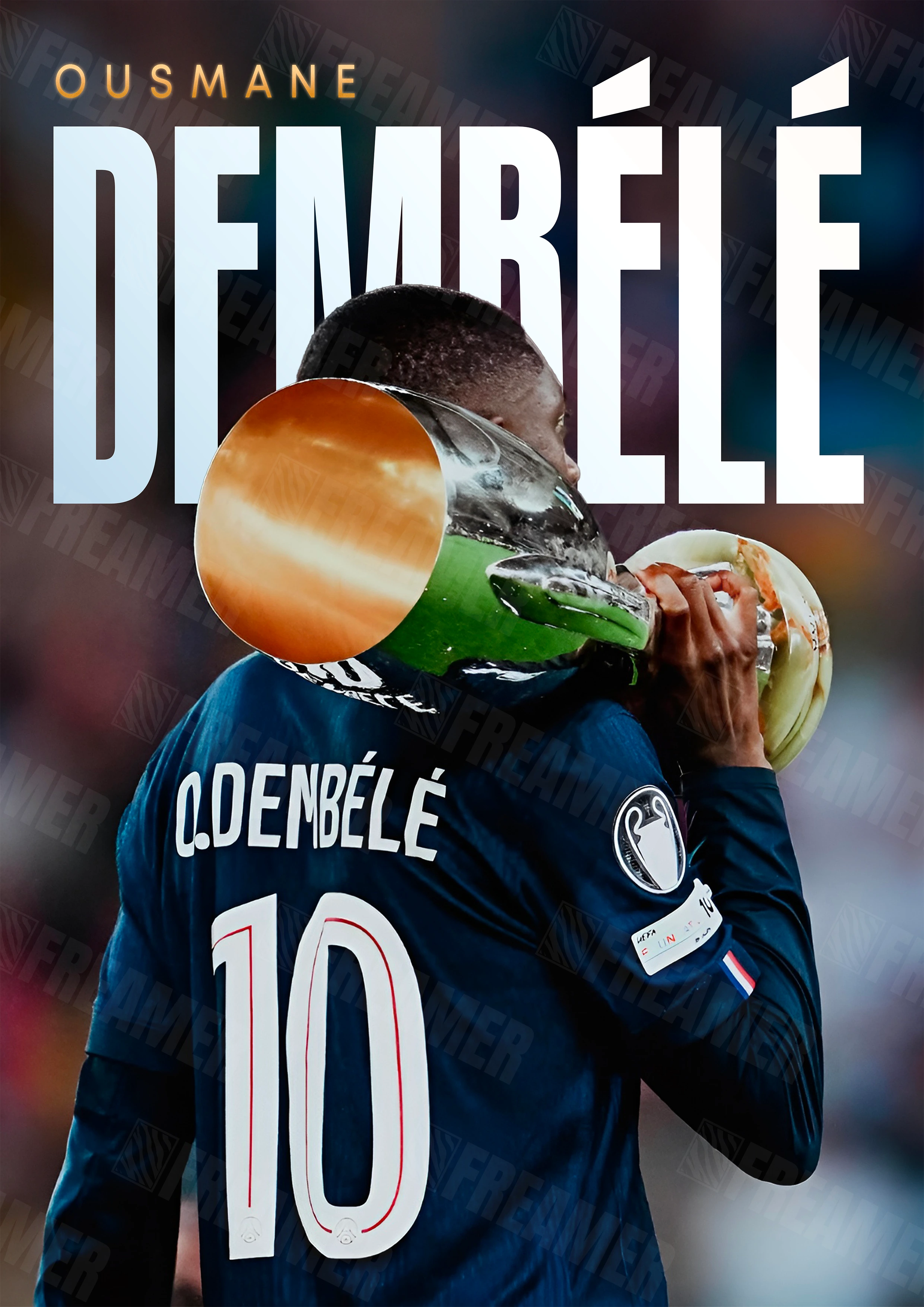 Design complet du poster "OUSMANE DEMBÉLÉ" – version sans cadre, visuel artistique, ton bleu, blanc et or
