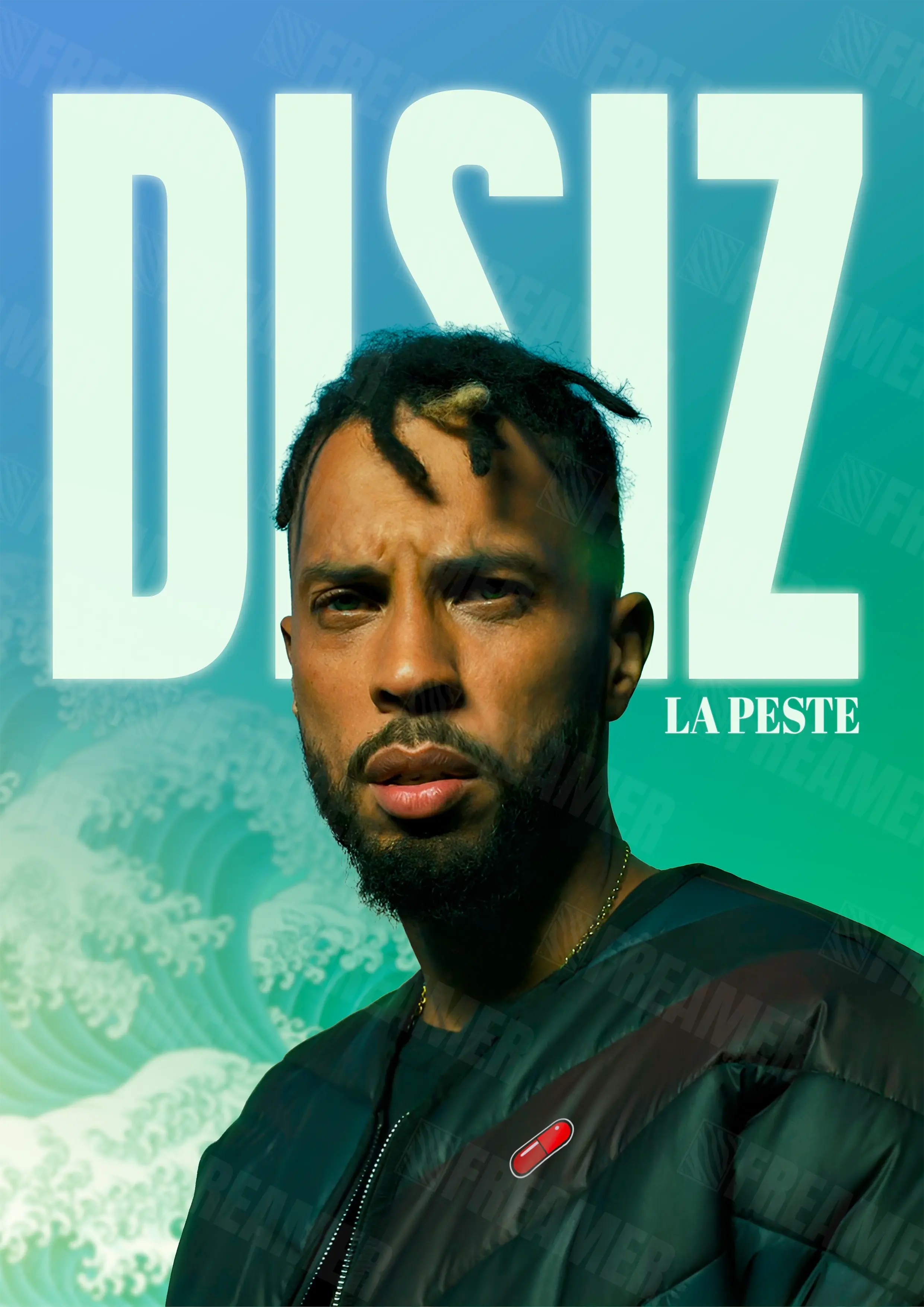 Design complet du poster "DISIZ" – version sans cadre, visuel artistique, ton turquoise