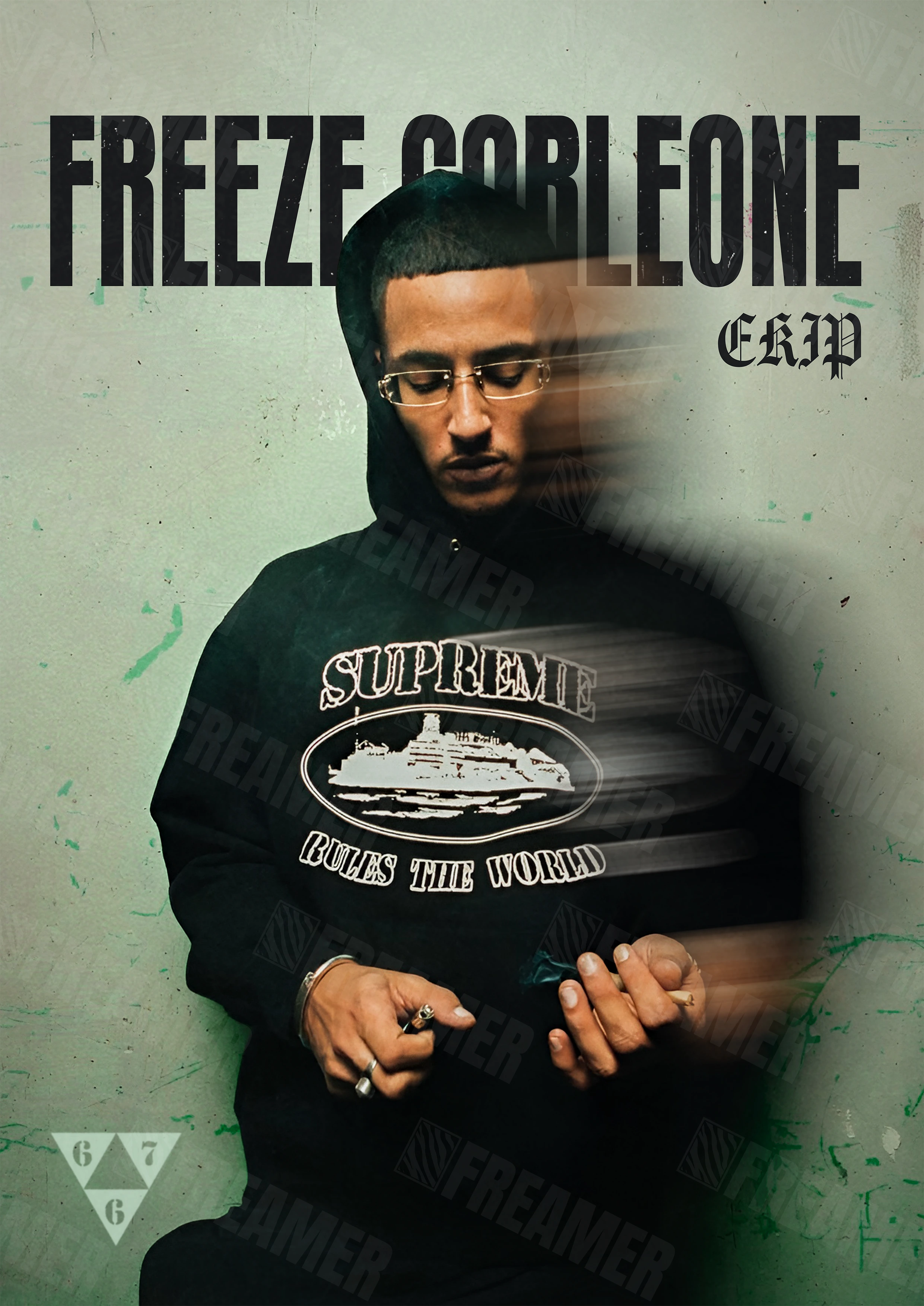 Design complet du poster "FREEZE CORLEONE" – version sans cadre, visuel artistique, ton vert