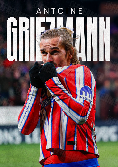 Design complet du poster "ANTOINE GRIEZMANN" – version sans cadre, visuel artistique, ton rouge et blanc