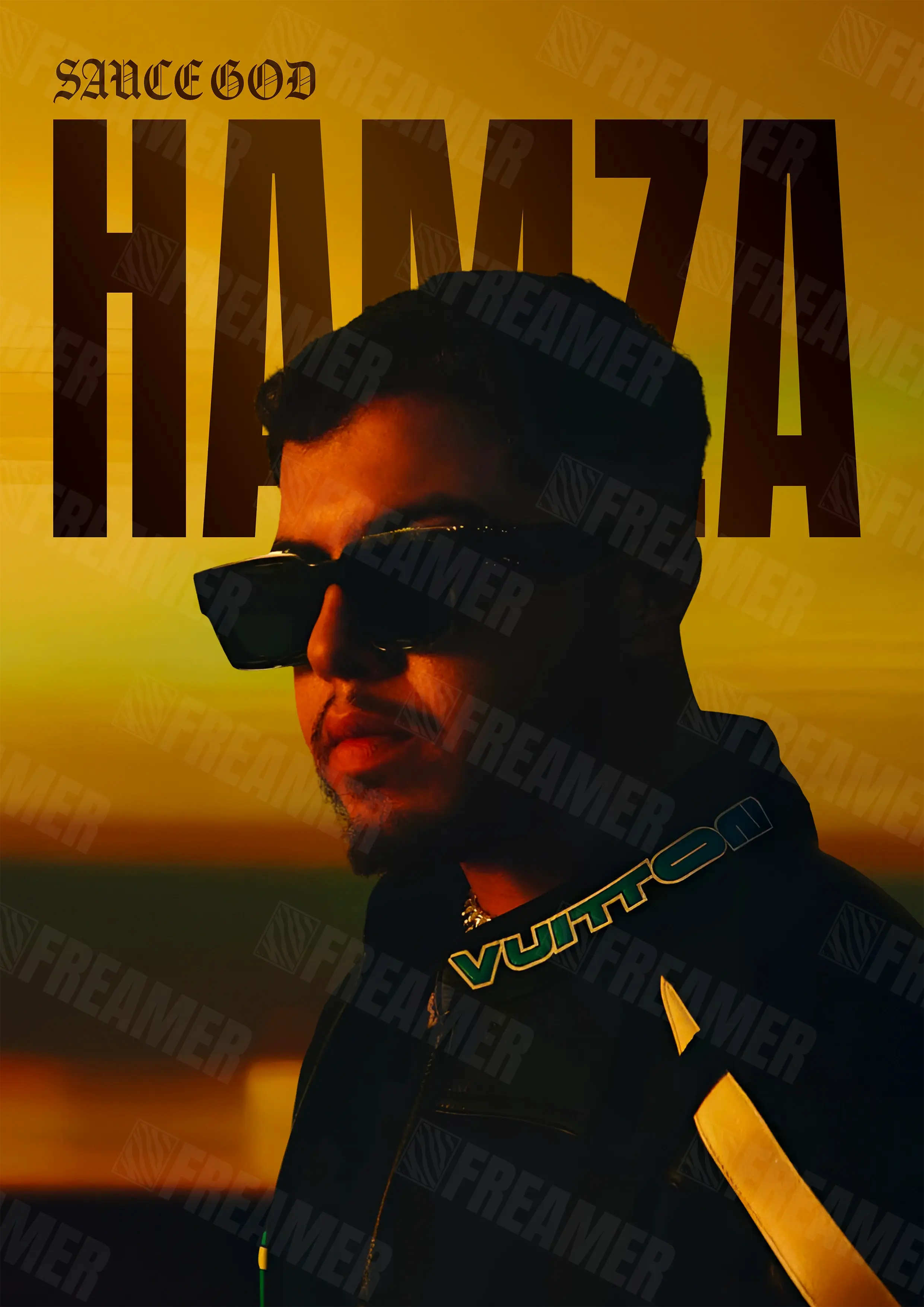 Design complet du poster "HAMZA" – version sans cadre, visuel artistique, ton jaune