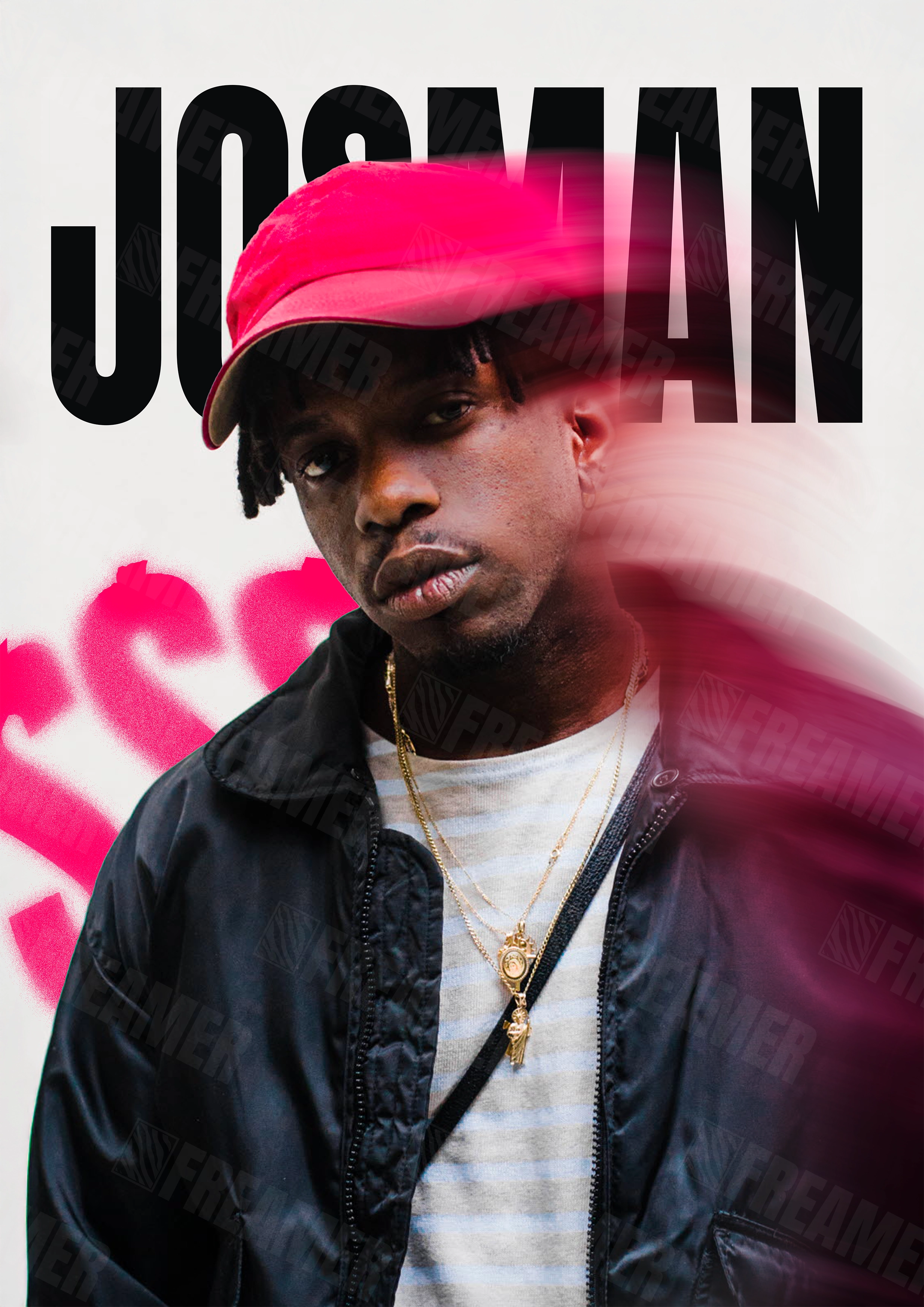 Design complet du poster "JOSMAN" – version sans cadre, visuel artistique, ton rose