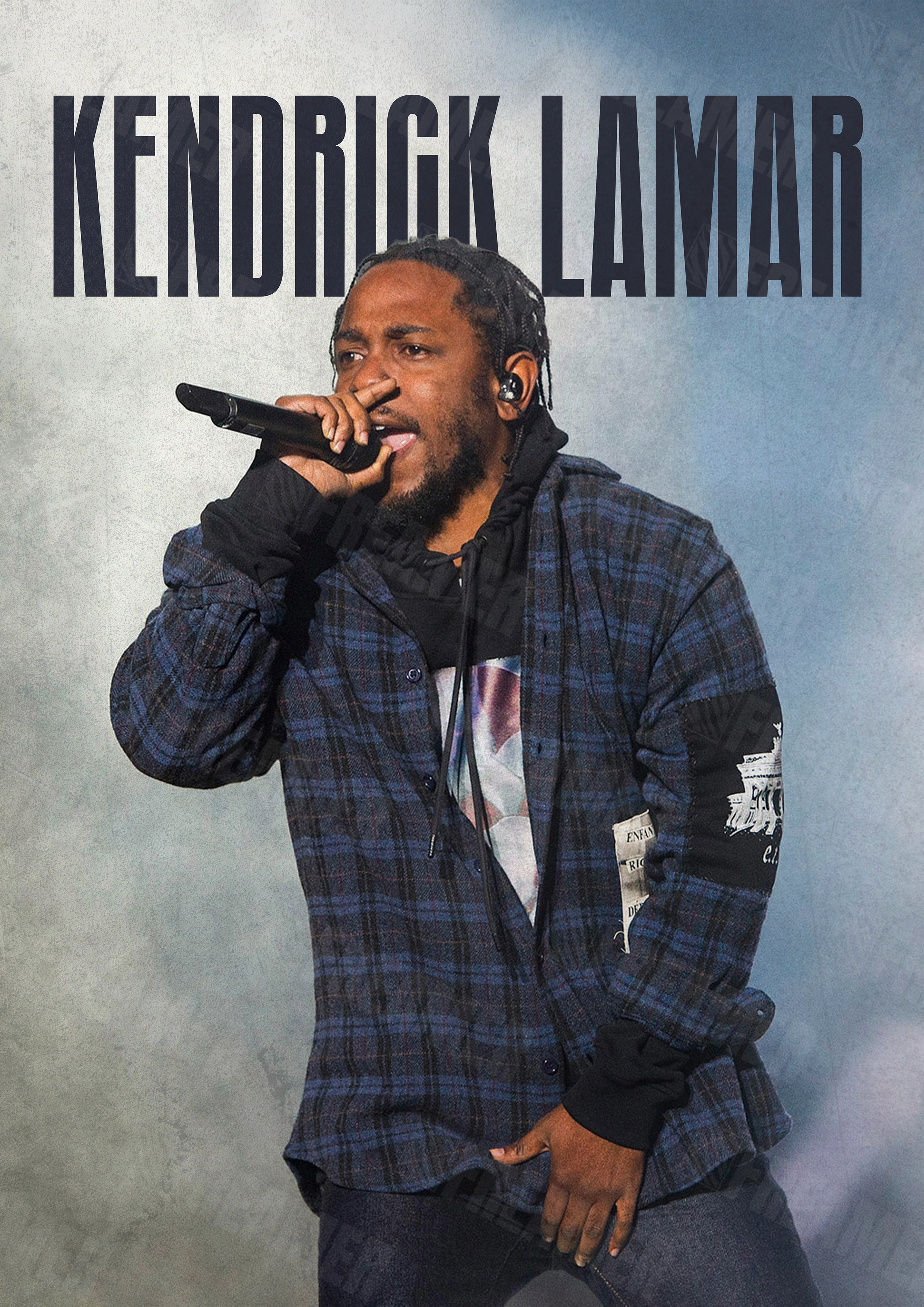 Design complet du poster "KENDRICK LAMAR" – version sans cadre, visuel artistique, ton bleu