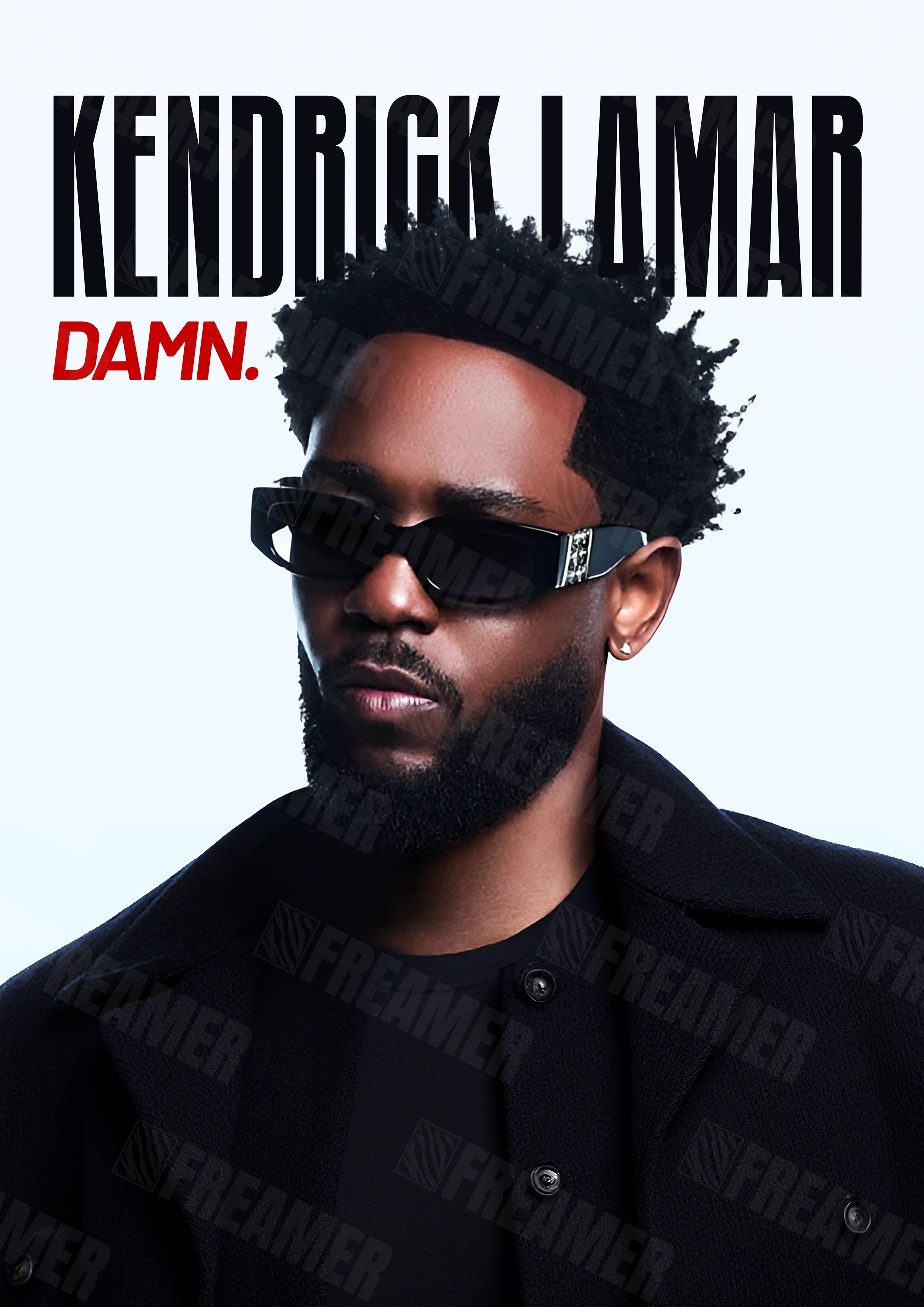Design complet du poster "KENDRICK LAMAR" – version sans cadre, visuel artistique, ton blanc