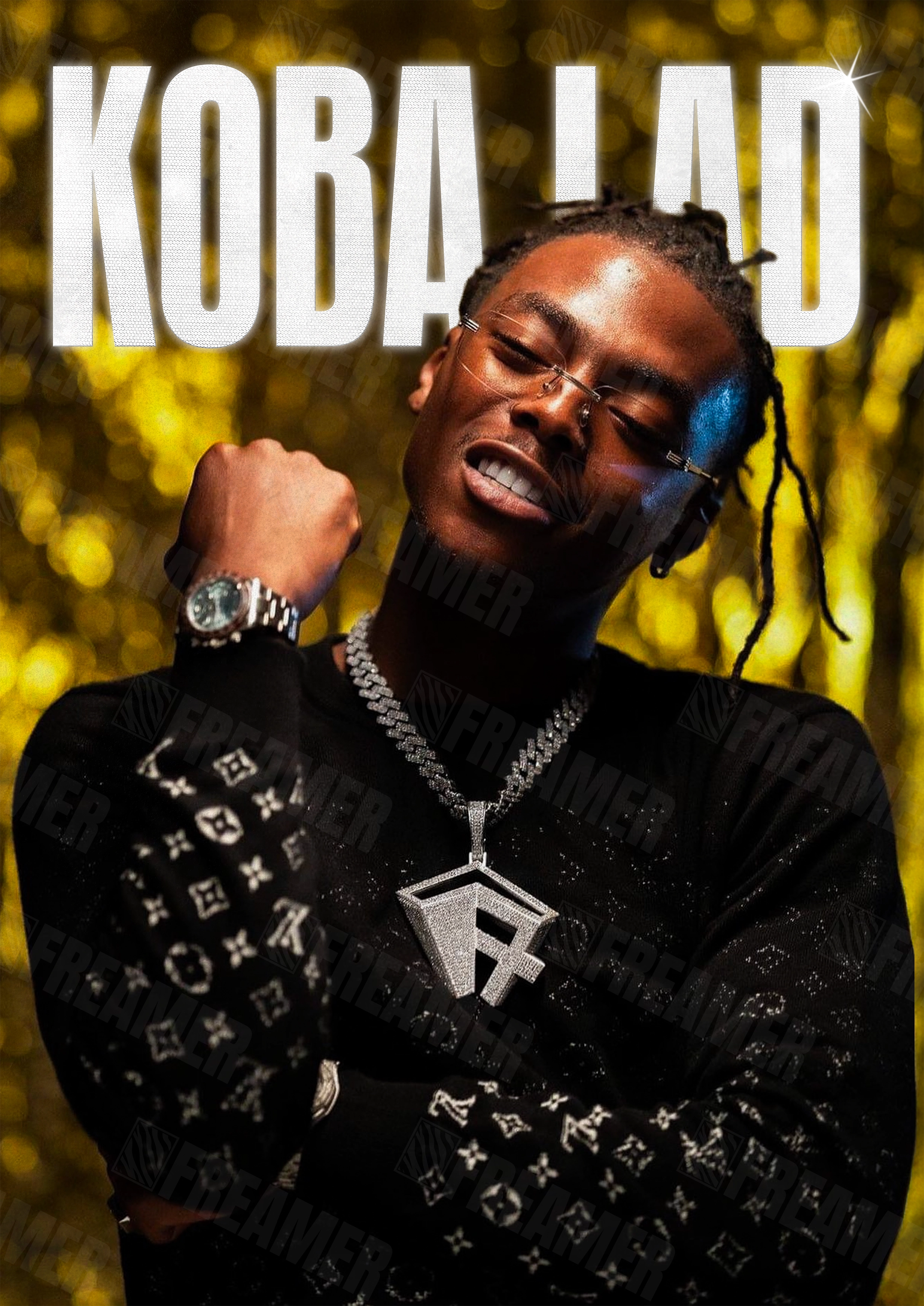 Design complet du poster "KOBA LAD" – version sans cadre, visuel artistique, ton jaune