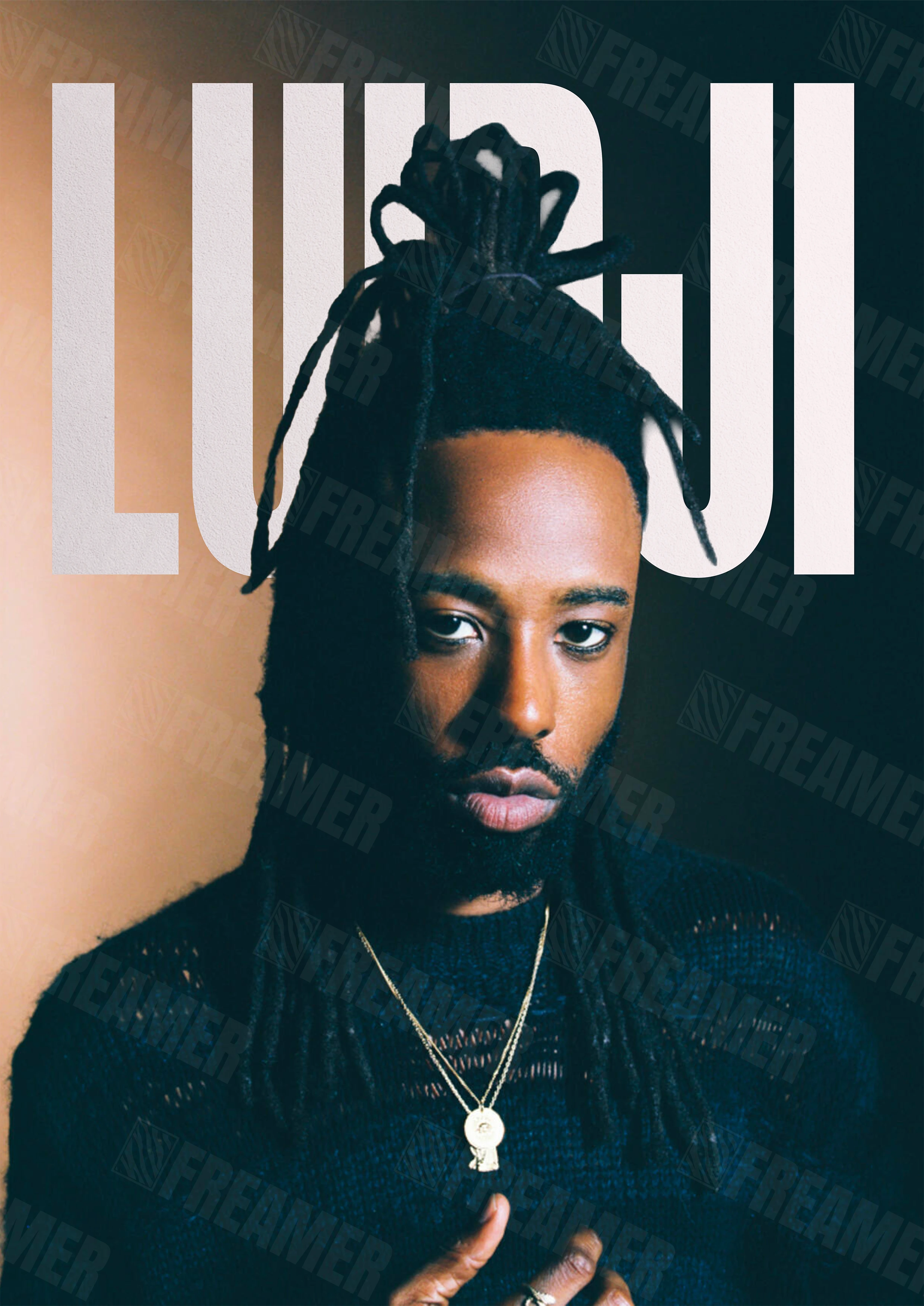 Design complet du poster "LUIDJI" – version sans cadre, visuel artistique, ton marron