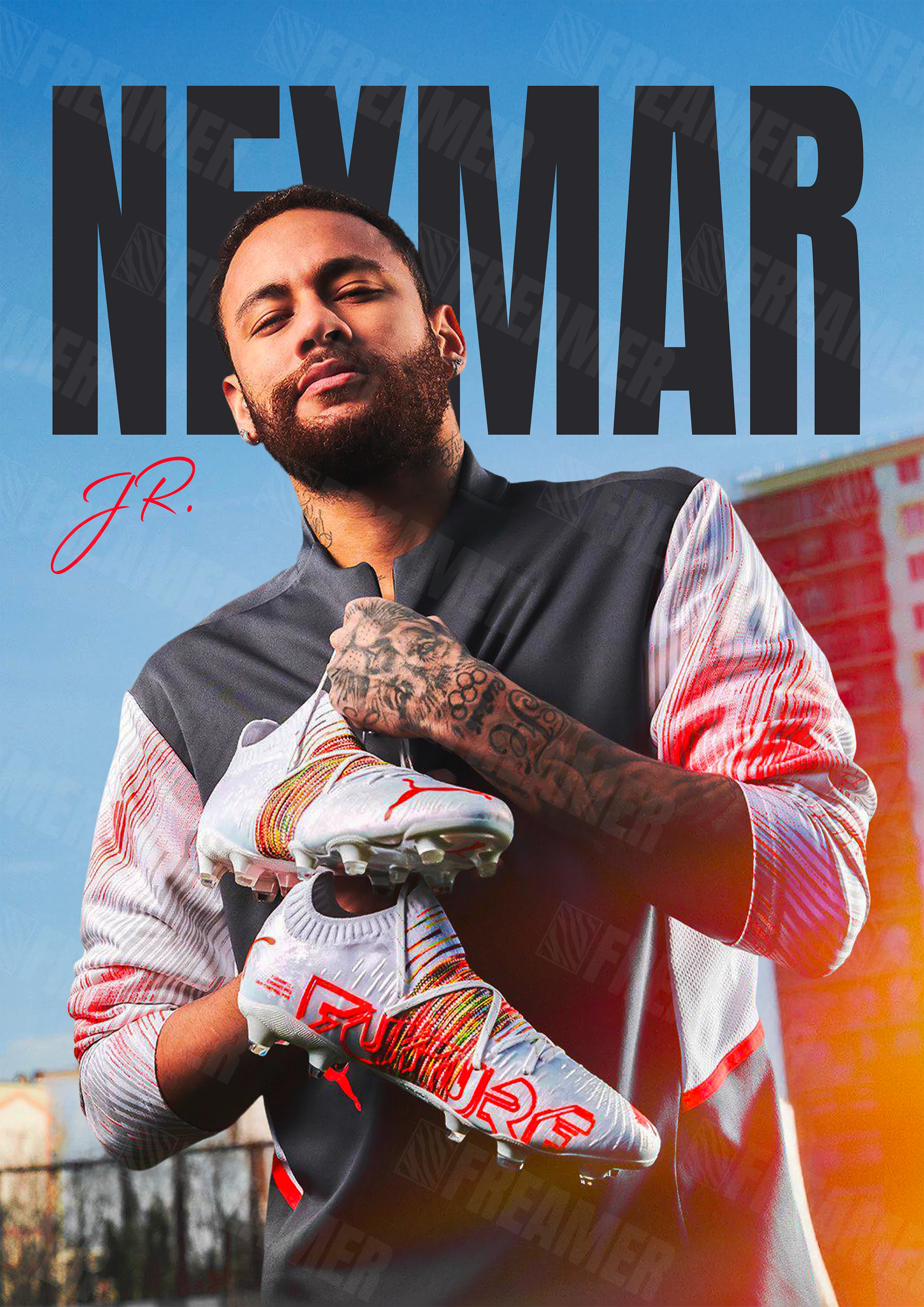 Design complet du poster "NEYMAR JR" – version sans cadre, visuel artistique, ton bleu, gris et rouge