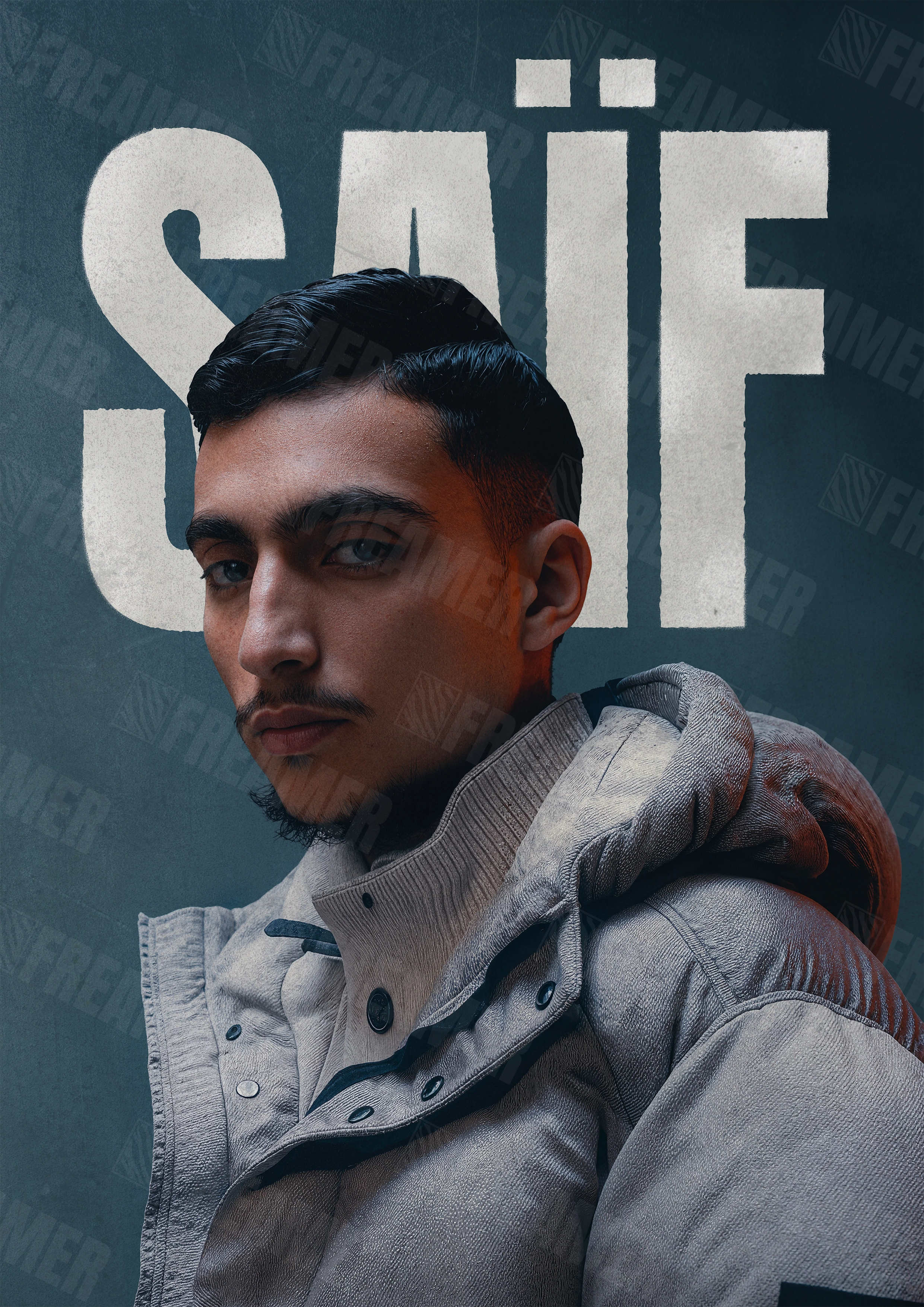 Design complet du poster "SAÏF" – version sans cadre, visuel artistique, ton bleu