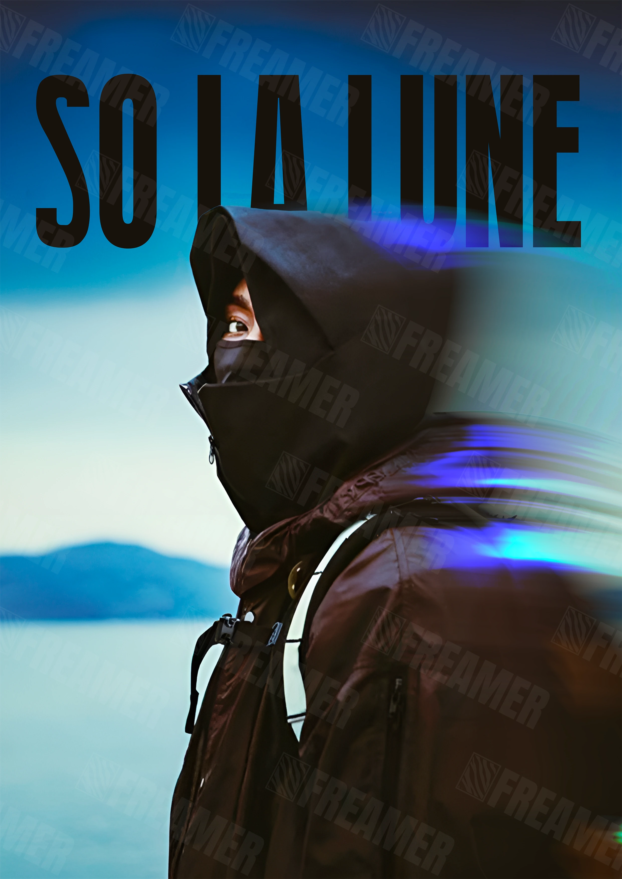 Design complet du poster "SO LA LUNE" – version sans cadre, visuel artistique, ton bleu