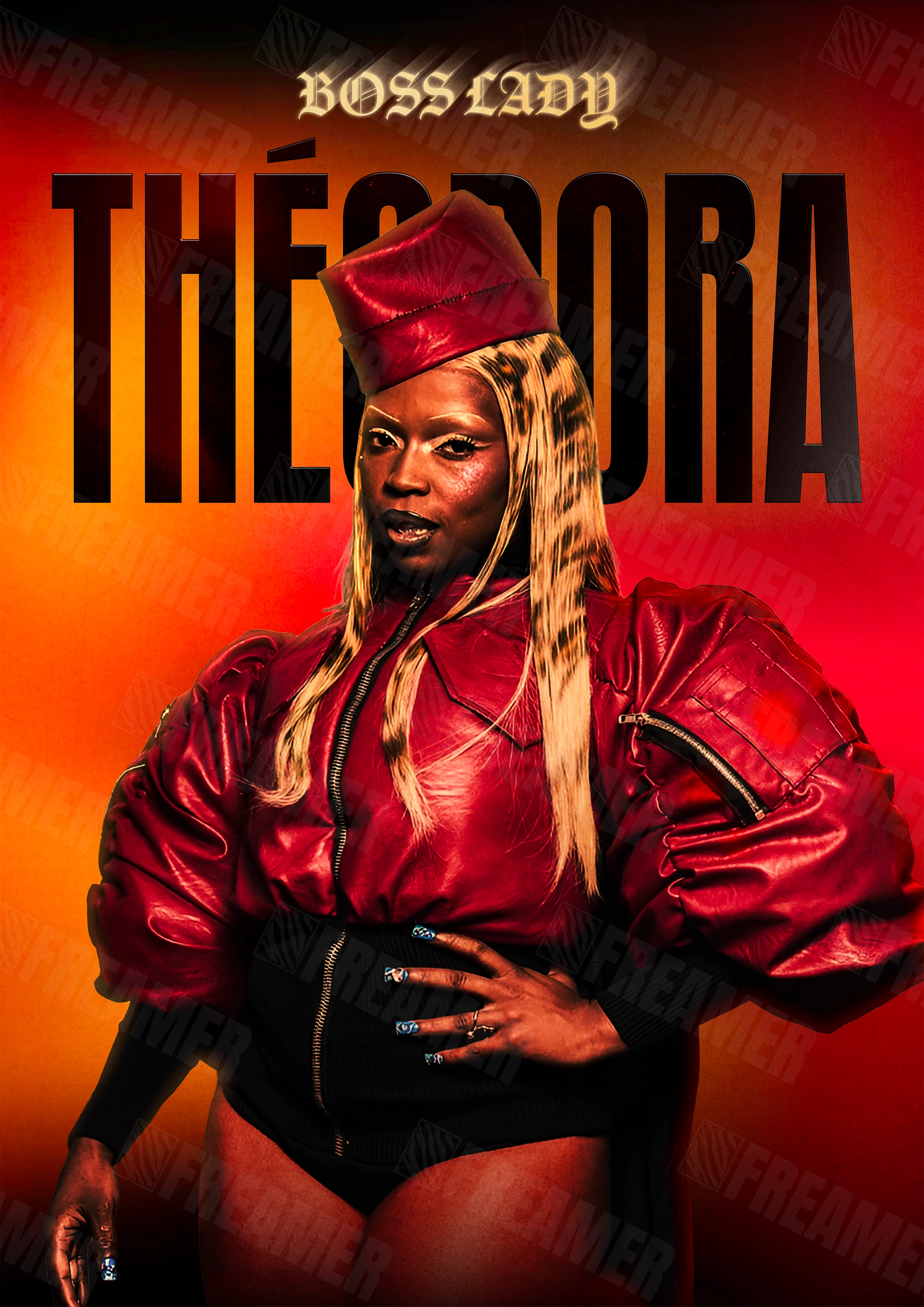 Design complet du poster "THÉODORA" – version sans cadre, visuel artistique, ton rouge