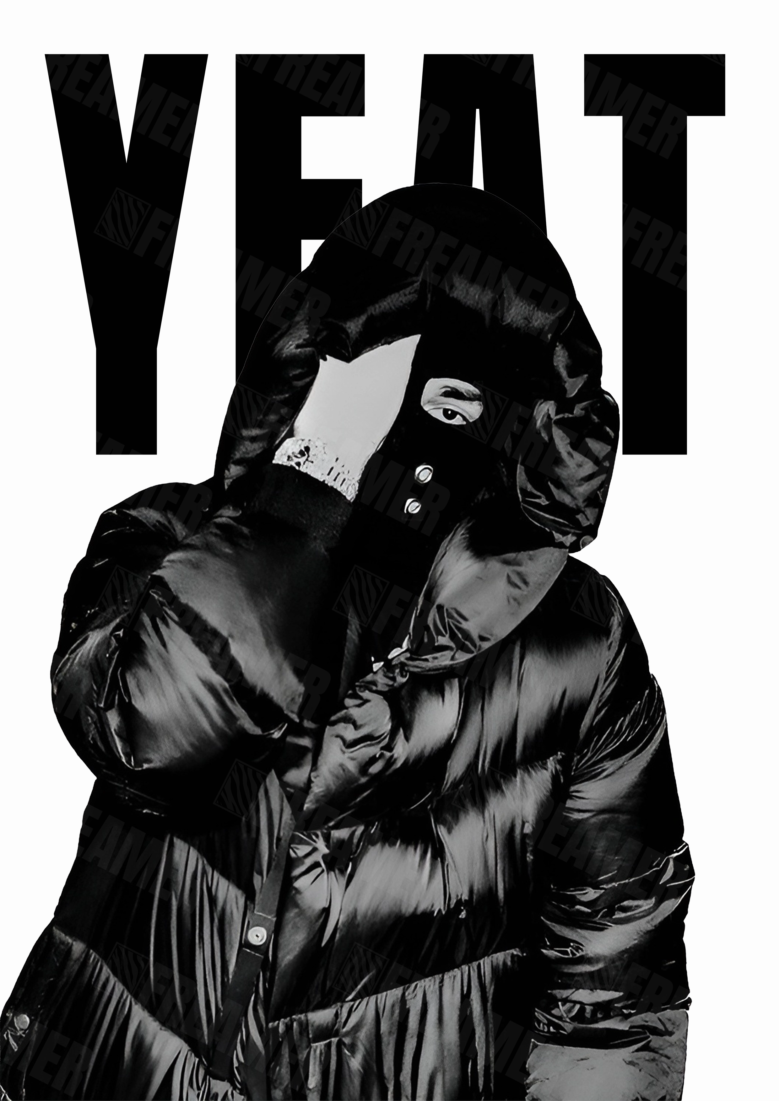 Design complet du poster "YEAT" – version sans cadre, visuel artistique, ton blanc