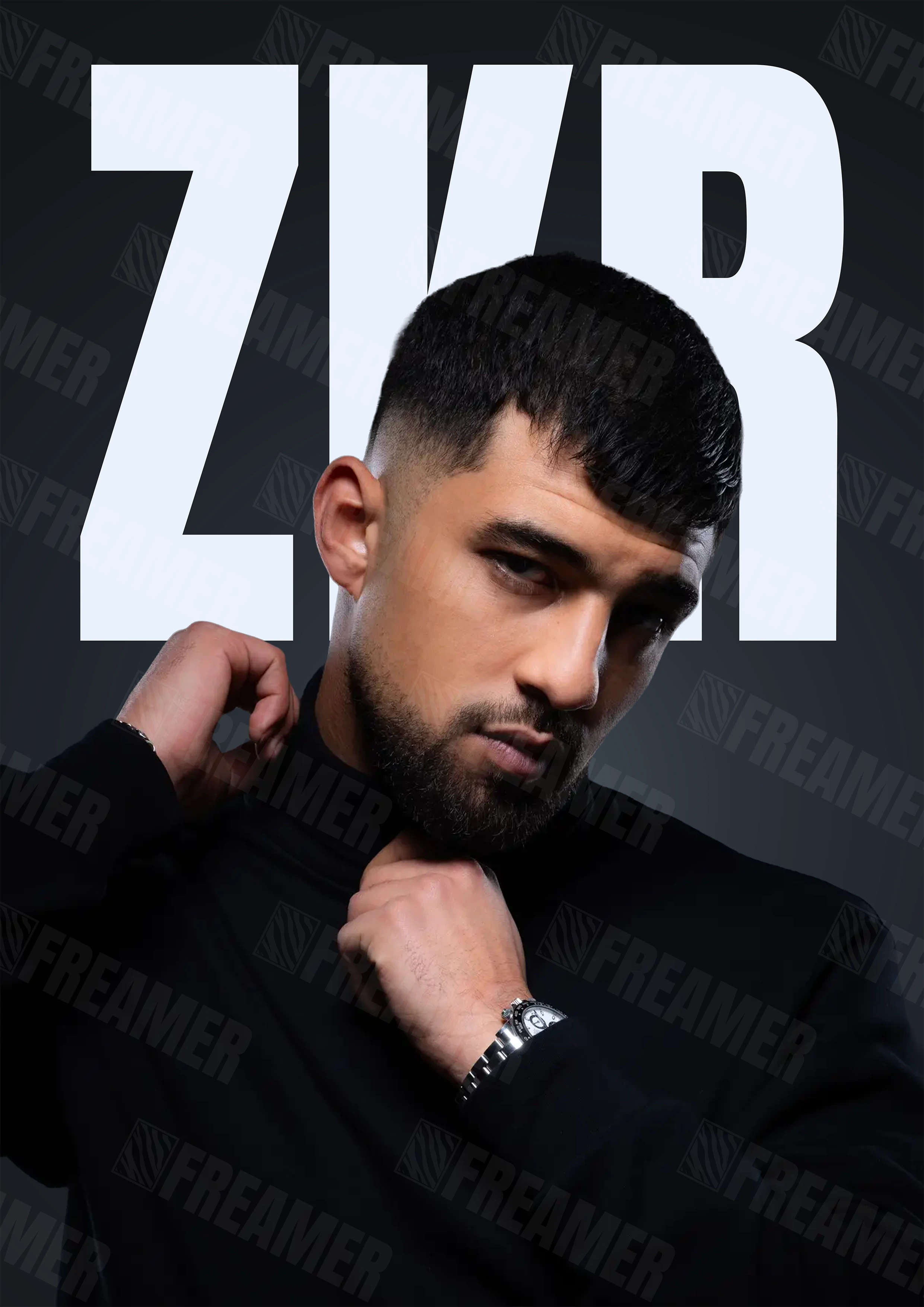 Design complet du poster "ZKR" – version sans cadre, visuel artistique, ton gris