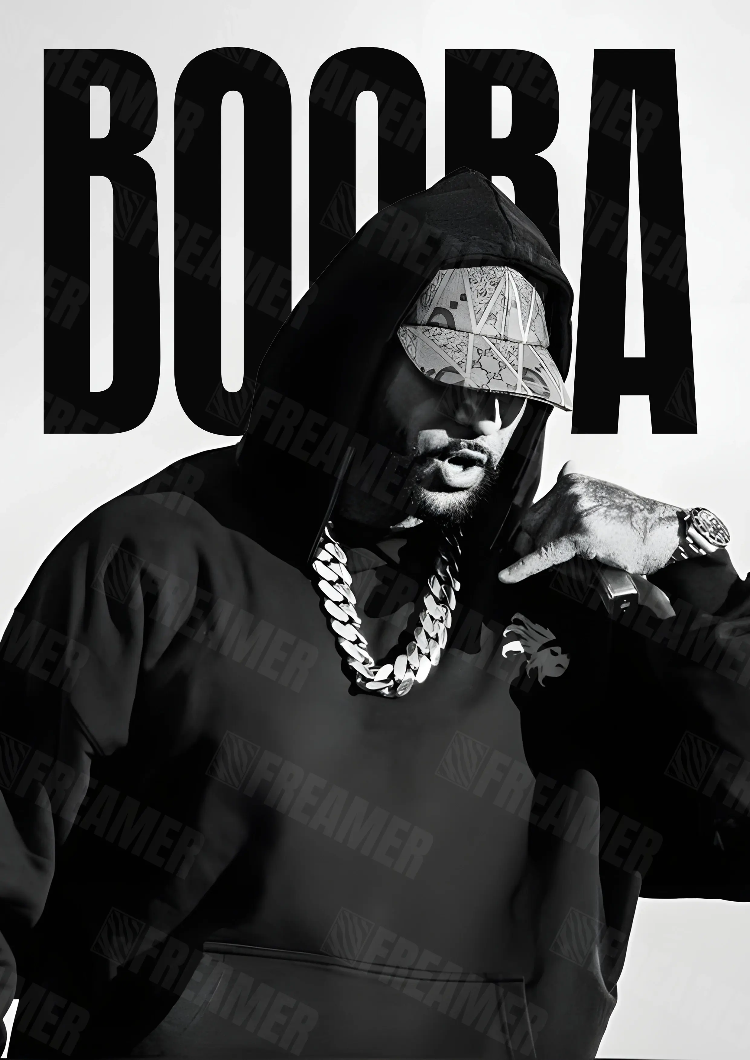Design complet du poster "BOOBA" – version sans cadre, visuel artistique, ton blanc