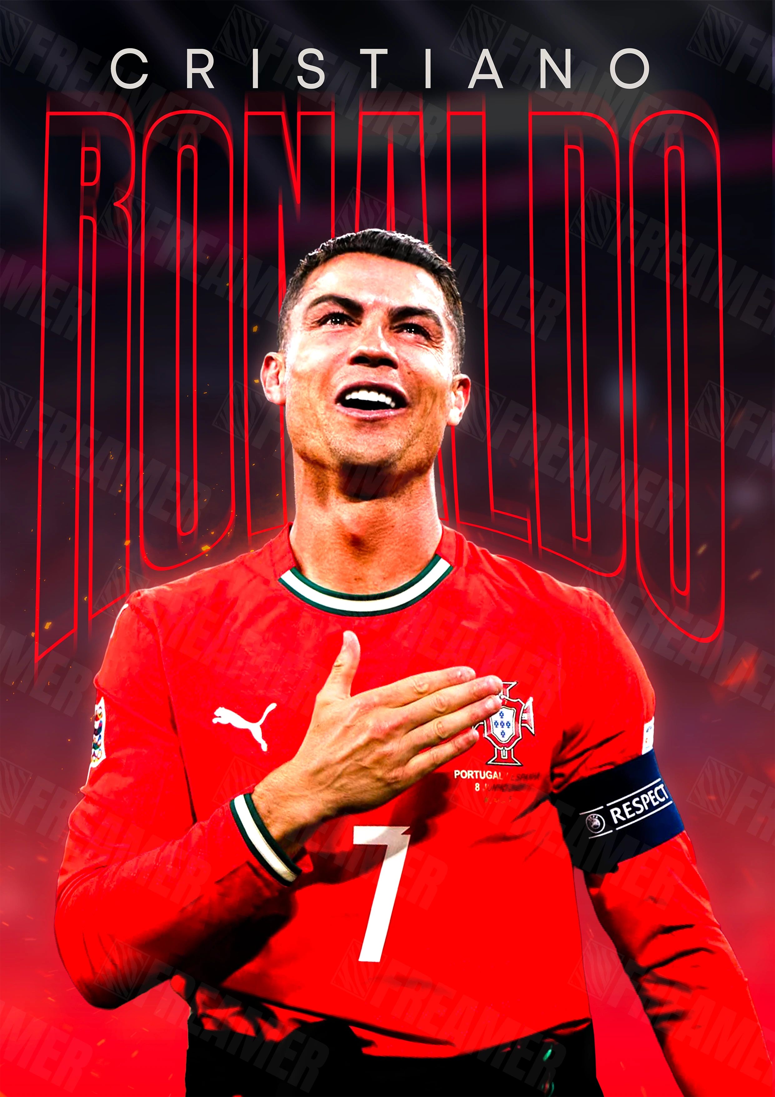 Design complet du poster "CRISTIANO RONALDO" – version sans cadre, visuel artistique, ton rouge