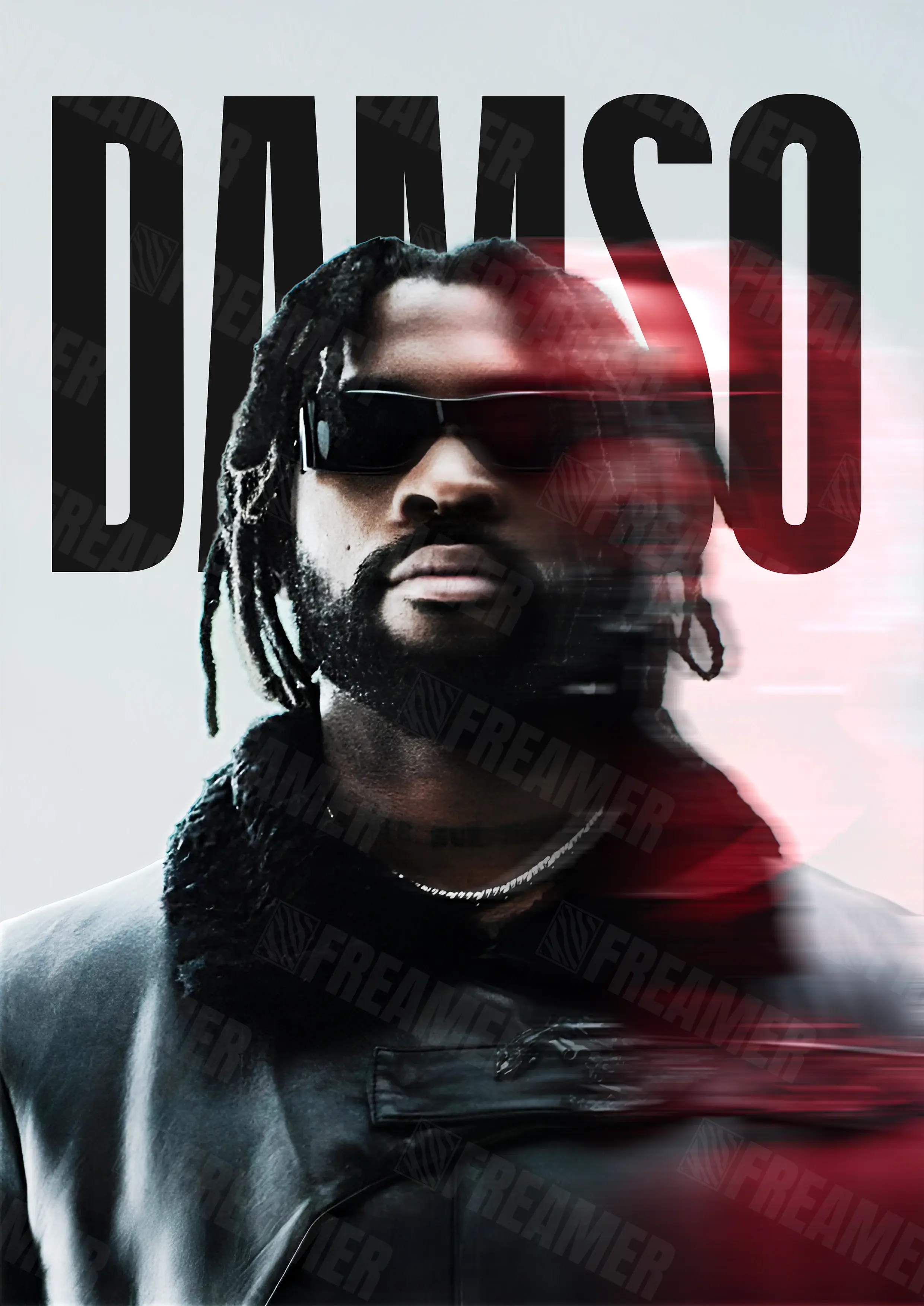 Design complet du poster "DAMSO" – version sans cadre, visuel artistique, ton rouge