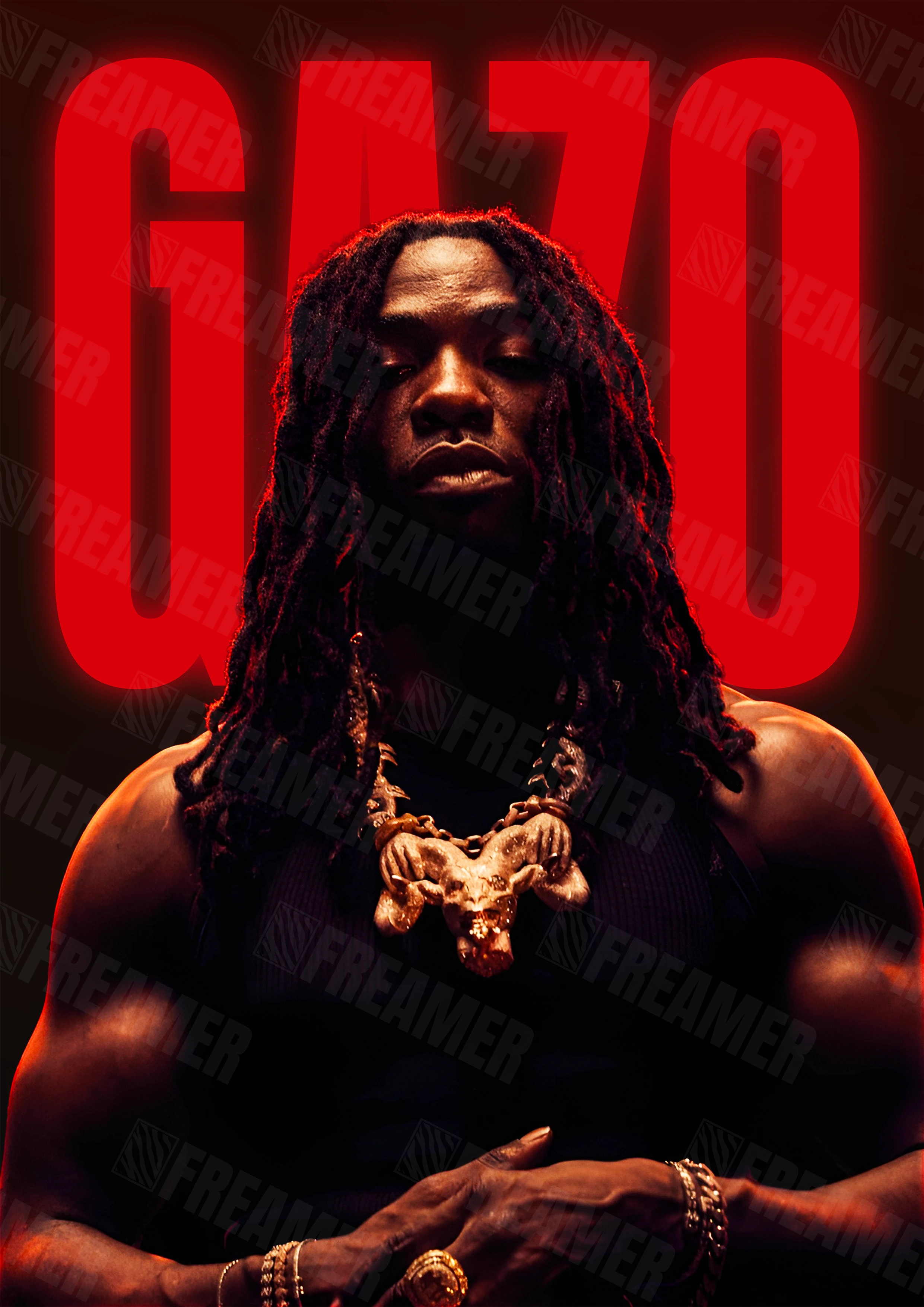 Design complet du poster "GAZO" – version sans cadre, visuel artistique, ton rouge