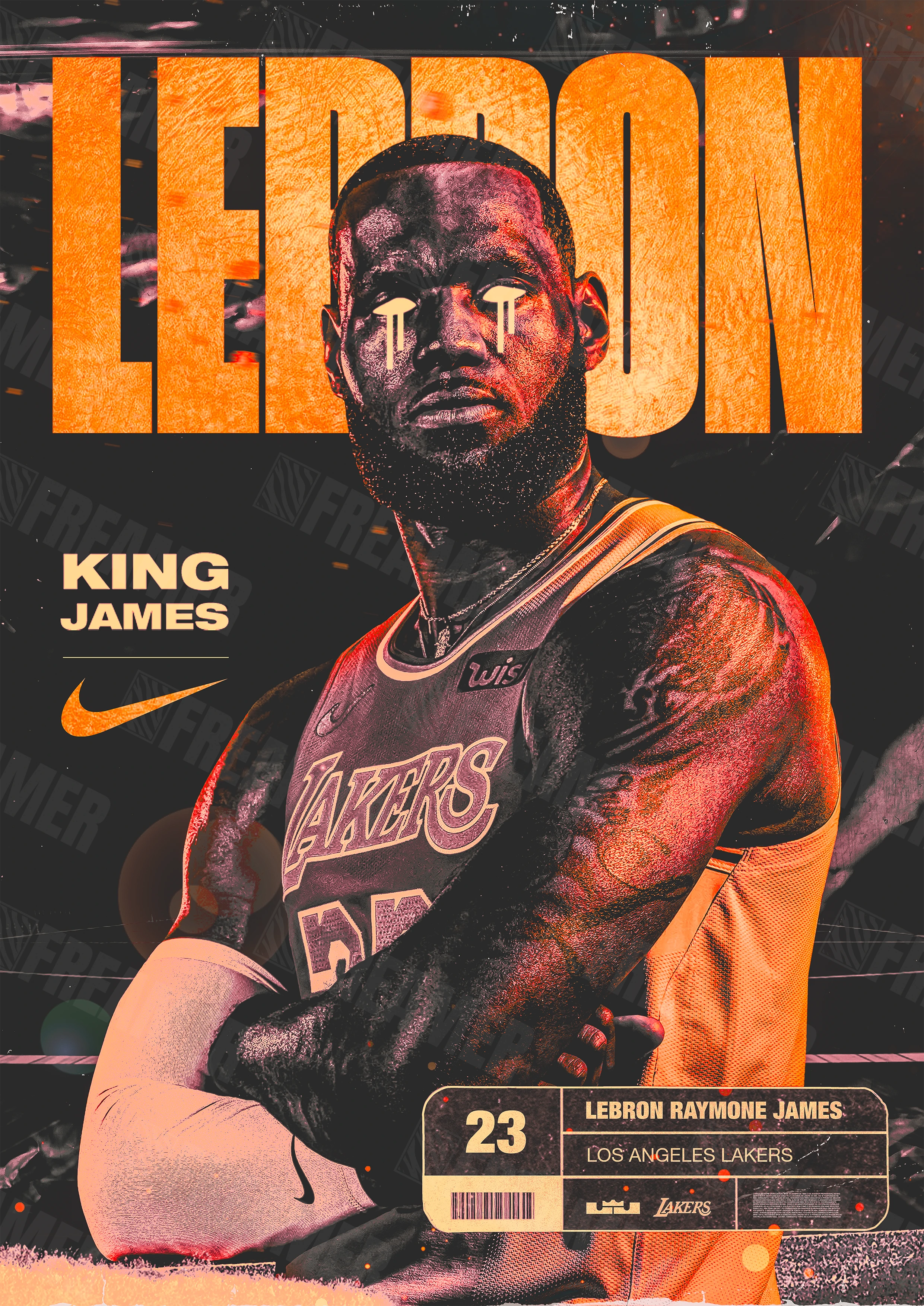 Design complet du poster "LEBRON JAMES" – version sans cadre, visuel artistique, ton orange