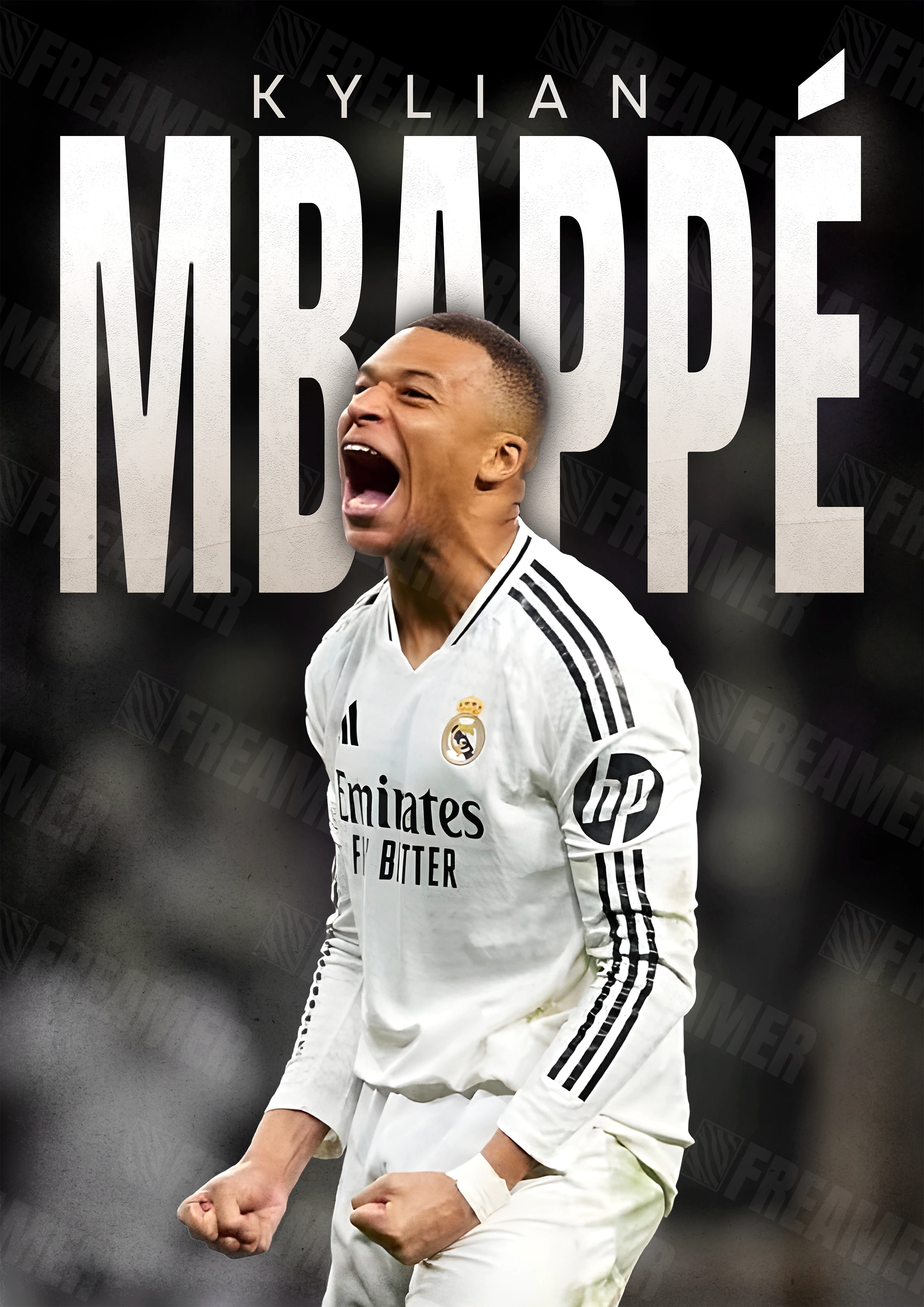 Design complet du poster "KYLIAN MBAPPÉ" – version sans cadre, visuel artistique, ton blanc