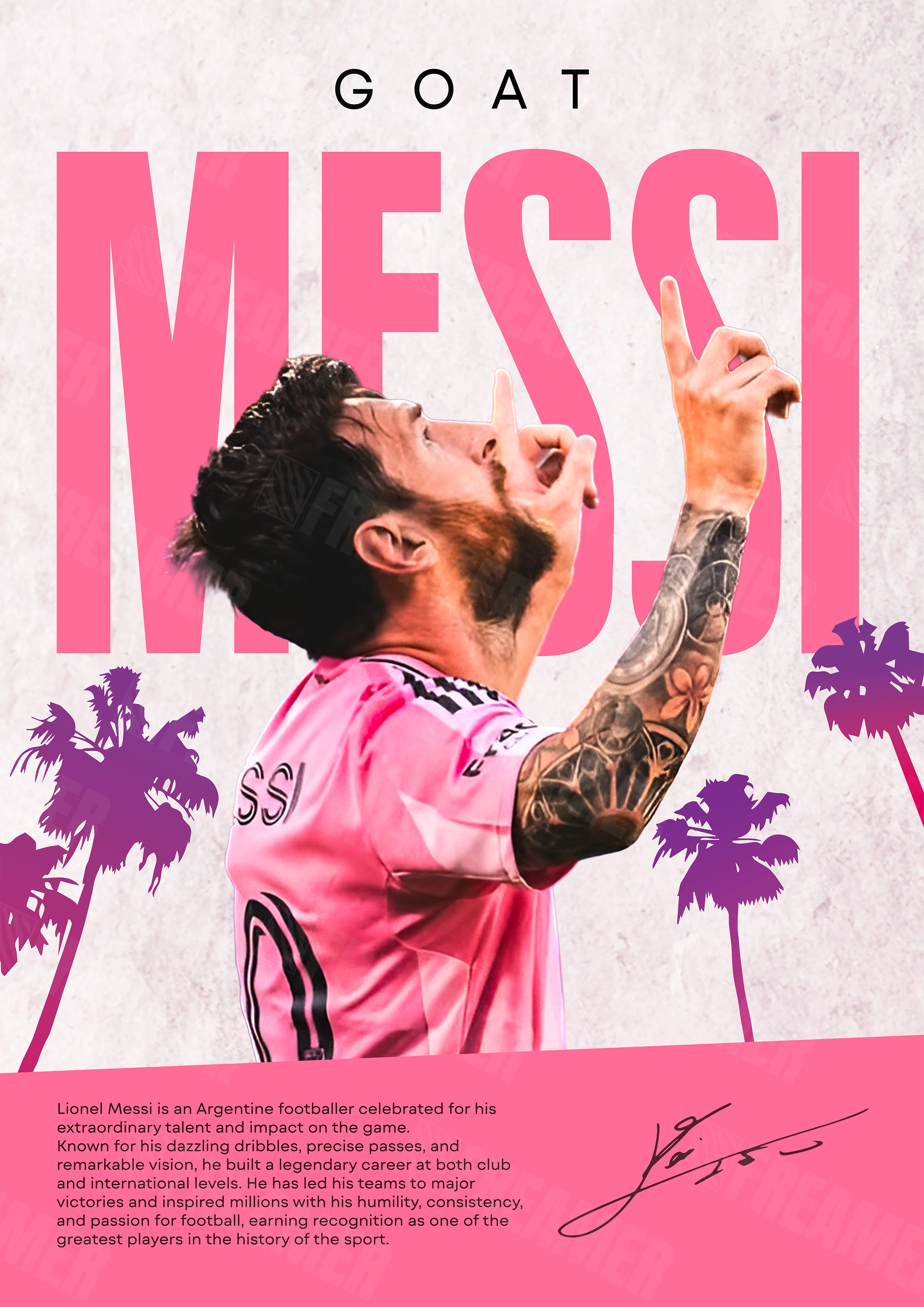 Design complet du poster "LIONEL MESSI" – version sans cadre, visuel artistique, ton rose