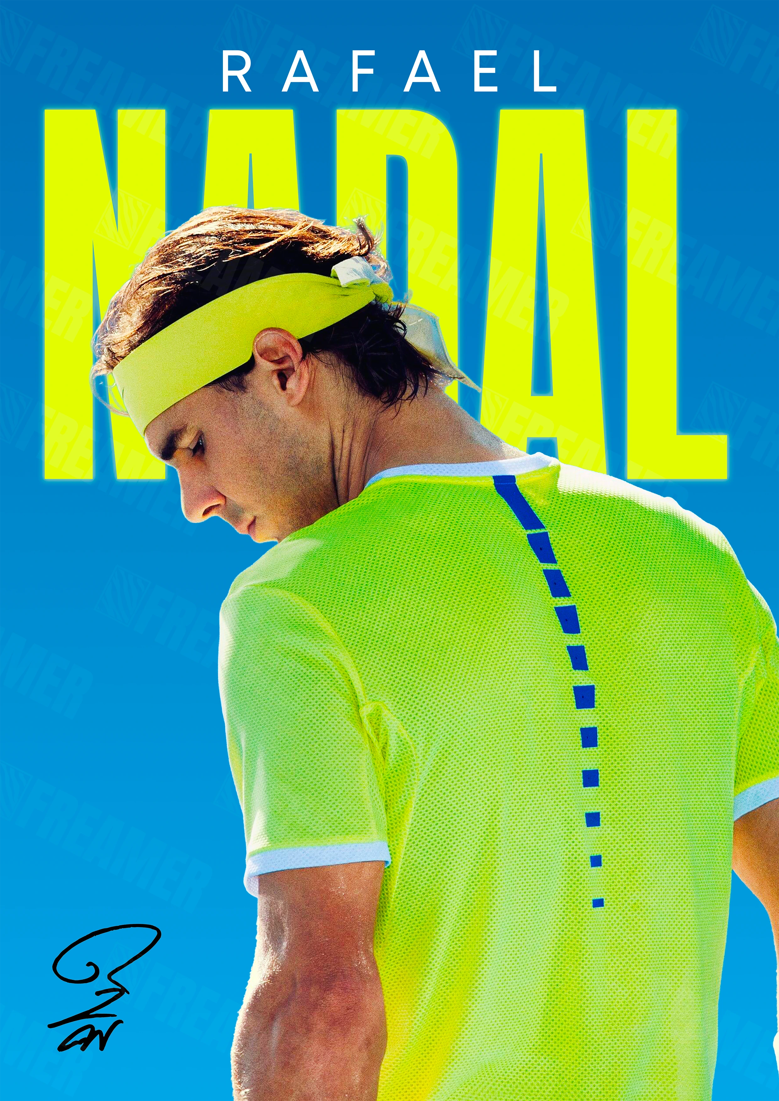 Design complet du poster "RAFAEL NADAL" – version sans cadre, visuel artistique, ton bleu et jaune