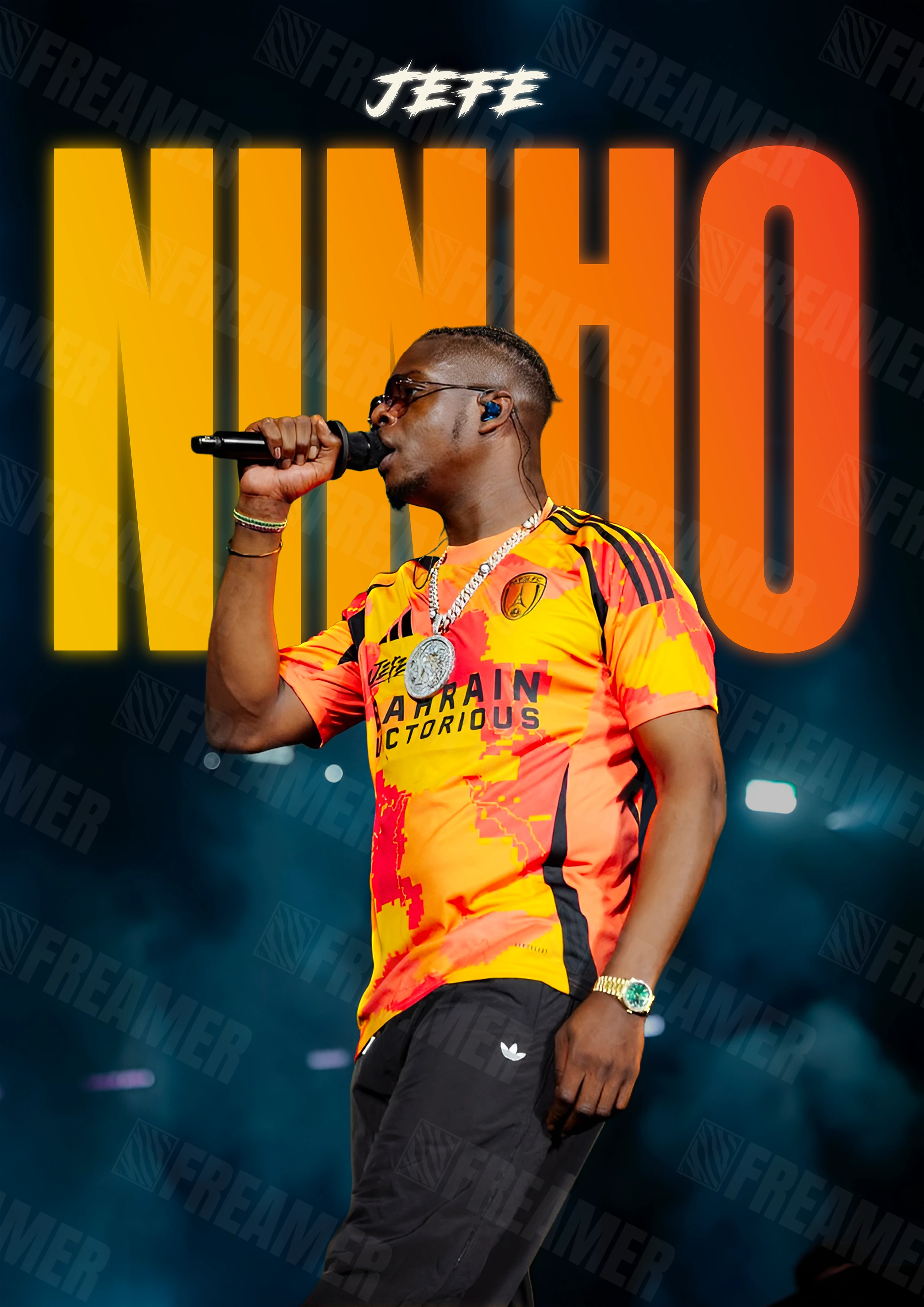 Design complet du poster "NINHO" – version sans cadre, visuel artistique, ton orange