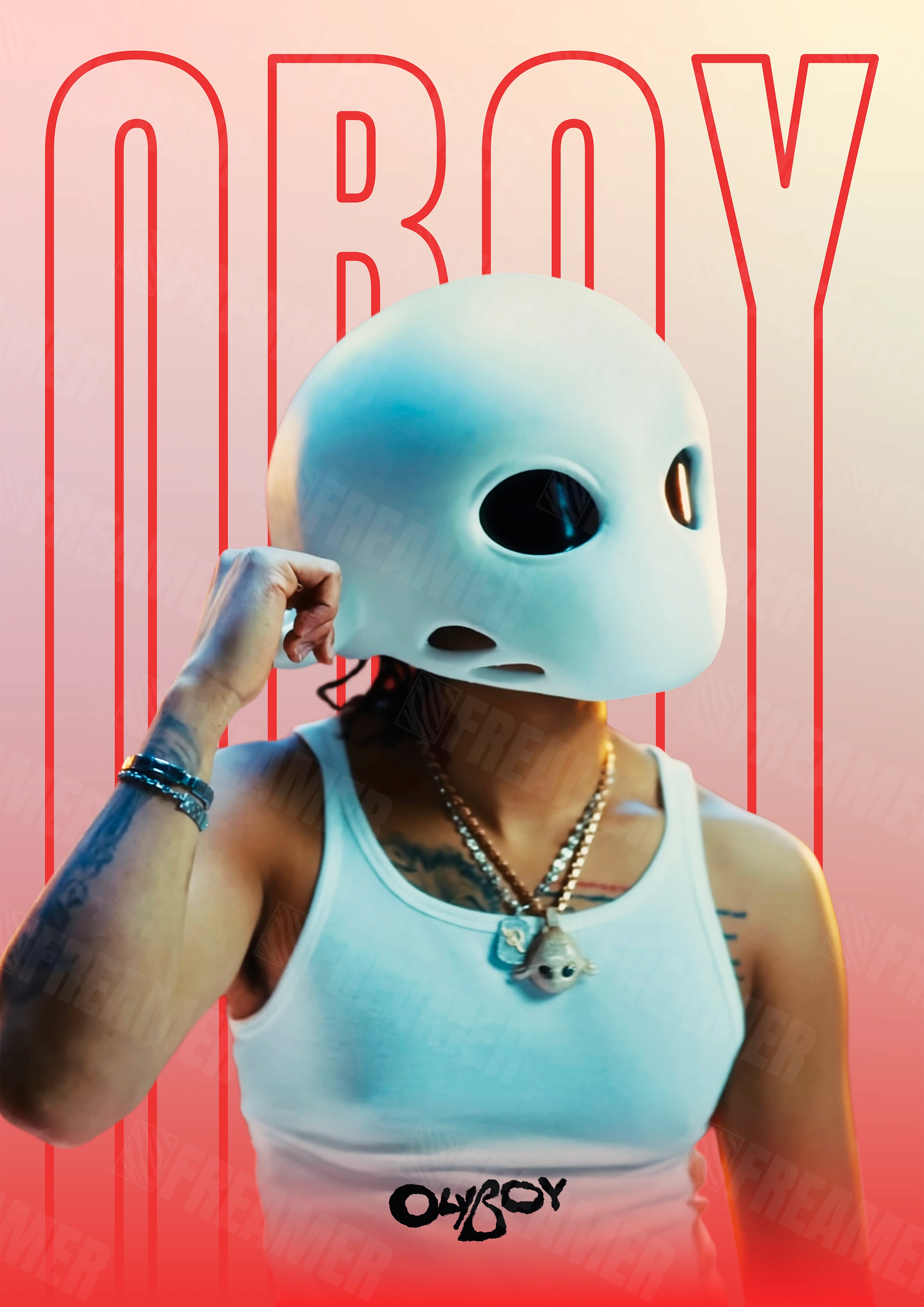 Design complet du poster "OBOY" – version sans cadre, visuel artistique, ton rouge