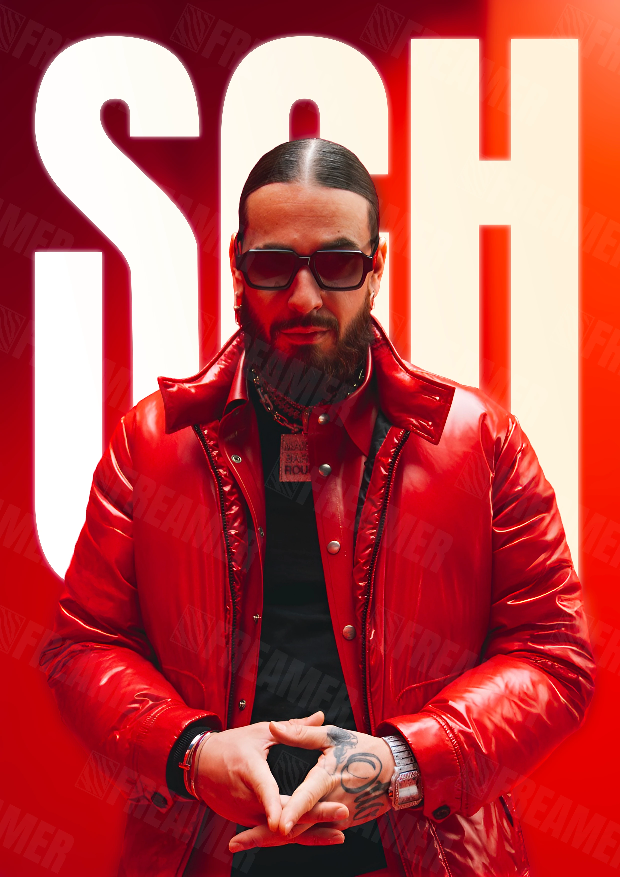 Design complet du poster "SCH" – version sans cadre, visuel artistique, ton rouge