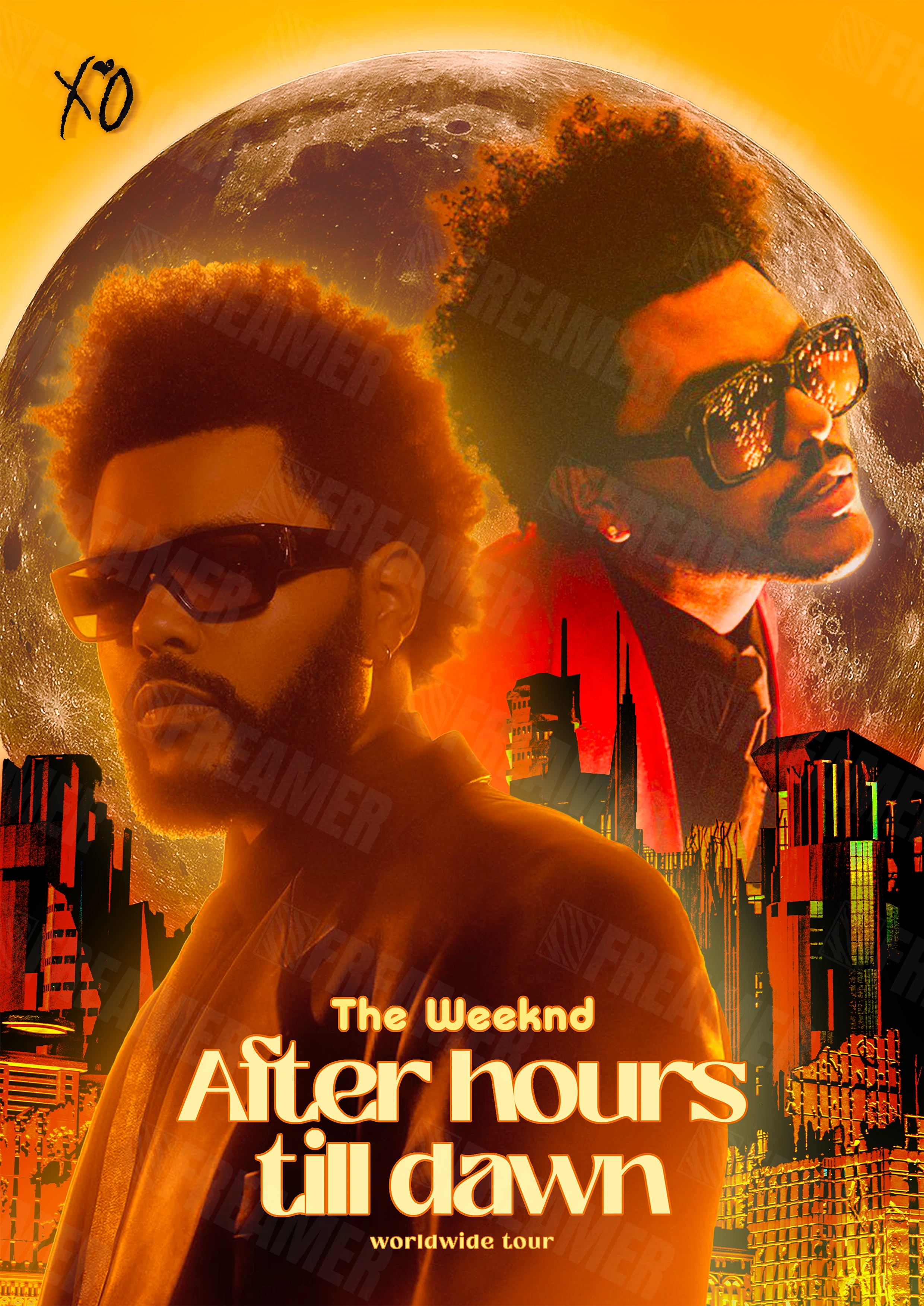 Design complet du poster "THE WEEKND" – version sans cadre, visuel artistique, ton orange