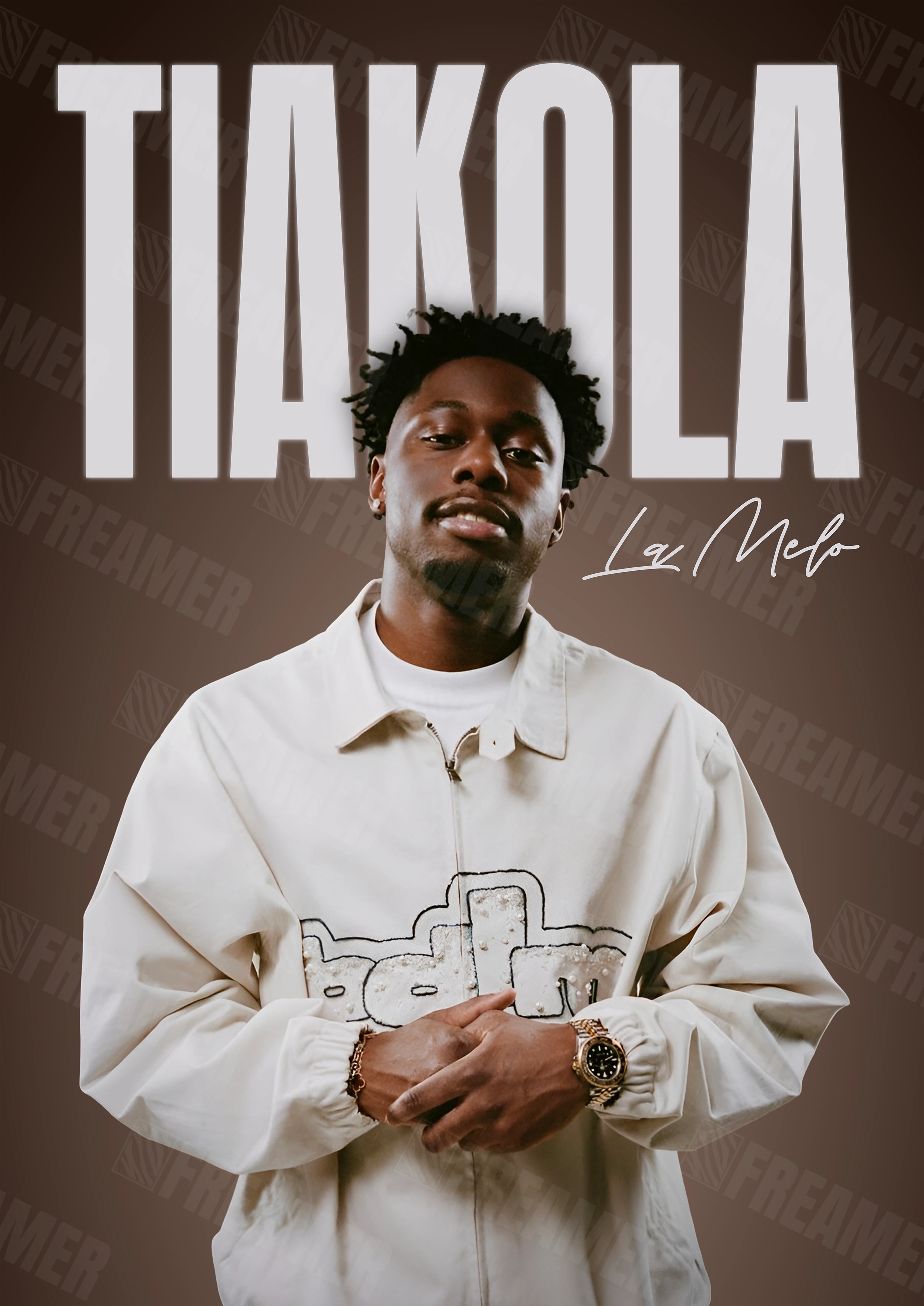 Design complet du poster "TIAKOLA" – version sans cadre, visuel artistique, ton marron