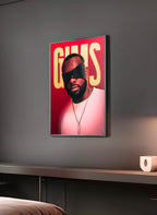 Poster "GIMS" en perspective 3/4 – dans un cadre, ambiance déco, ton rouge et or