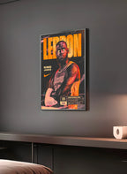 Poster "LEBRON JAMES" en perspective 3/4 – dans un cadre, ambiance déco, ton orange