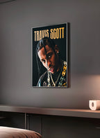 Poster "TRAVIS SCOTT" en perspective 3/4 – dans un cadre, ambiance déco, ton noir