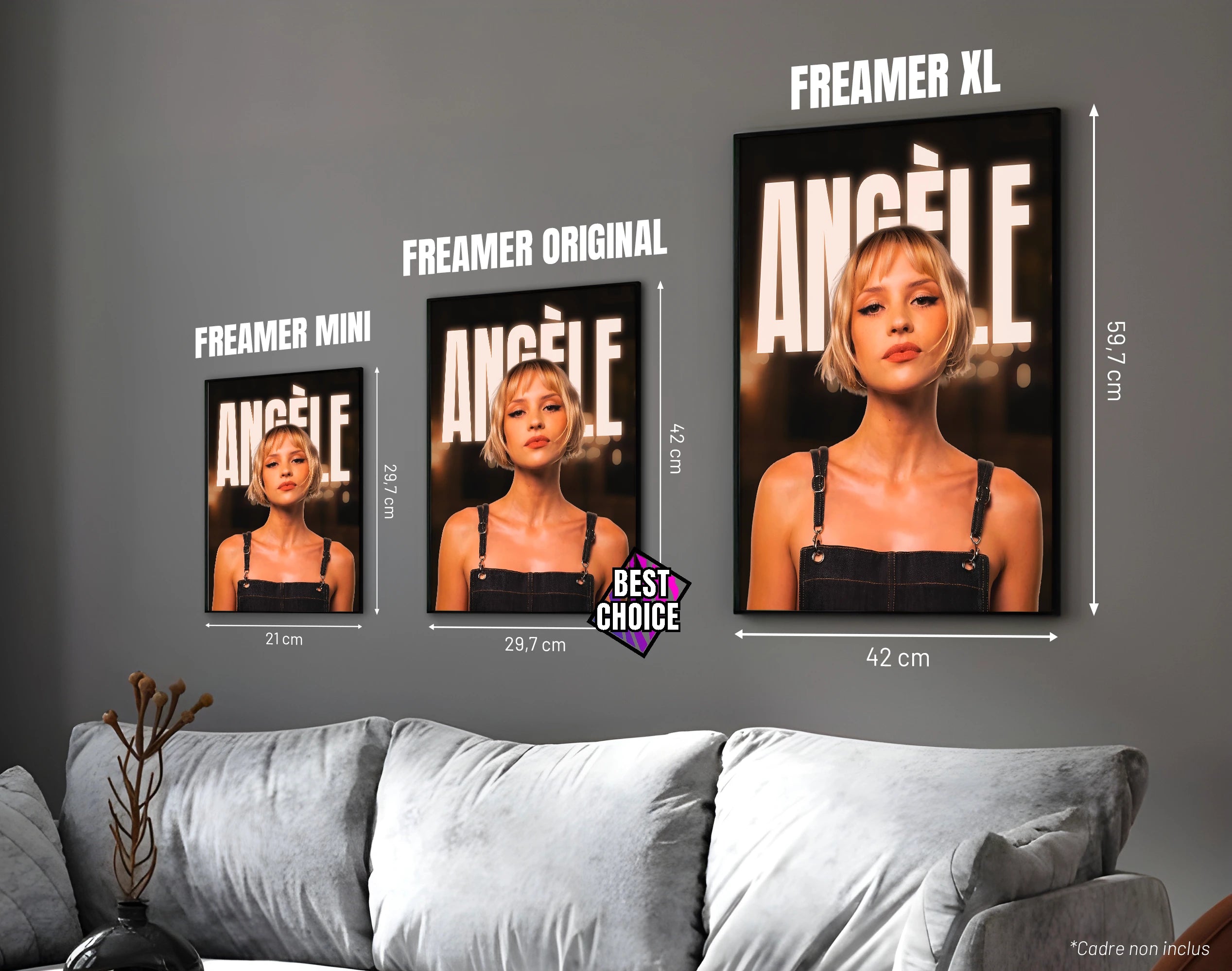 Posters "ANGÈLE" – ton doré - formats A4, A3 et A2 dans cadres, comparaison des tailles avec dimensions