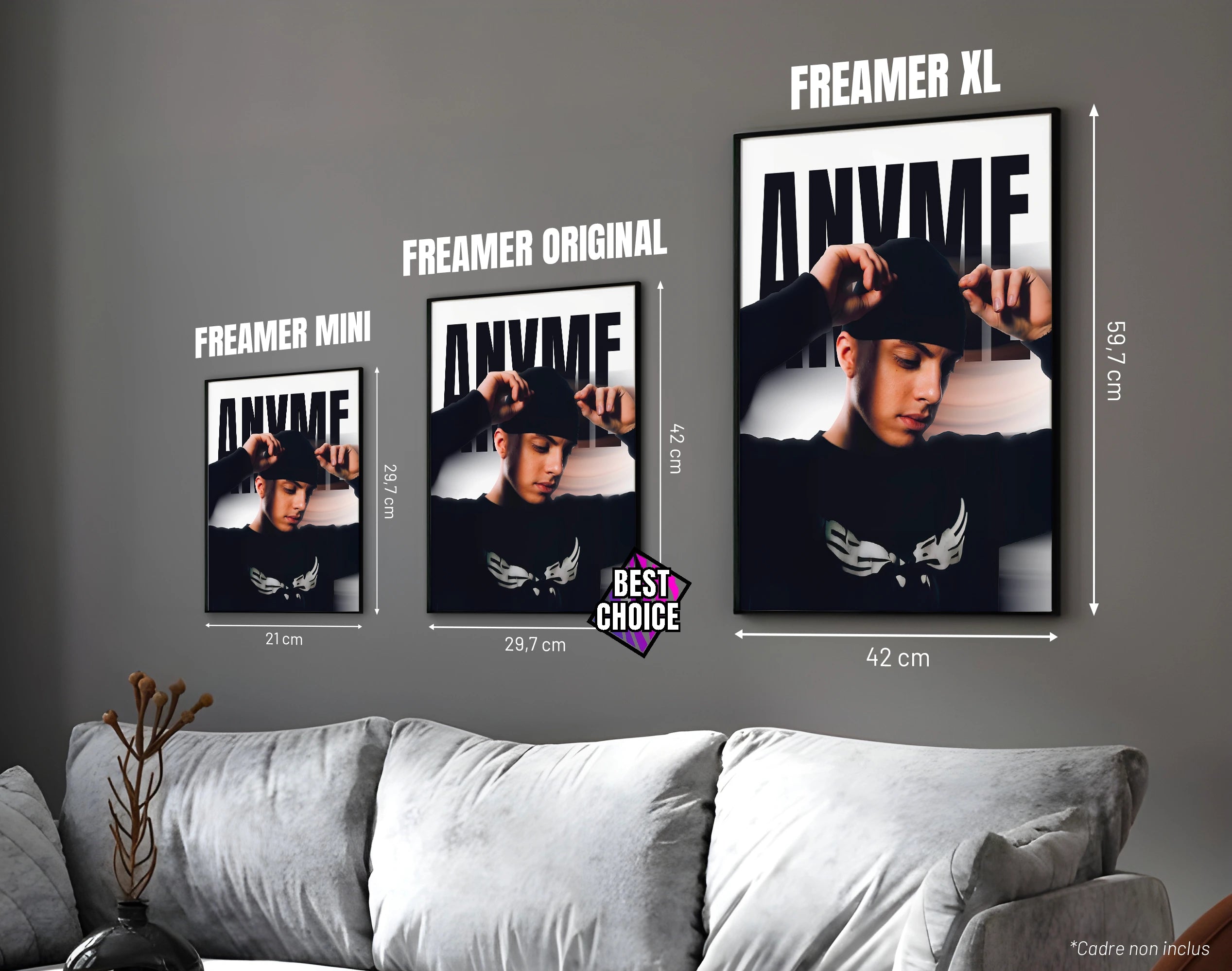 Posters "ANYME" – ton noir et blanc - formats A4, A3 et A2 dans cadres, comparaison des tailles avec dimensions