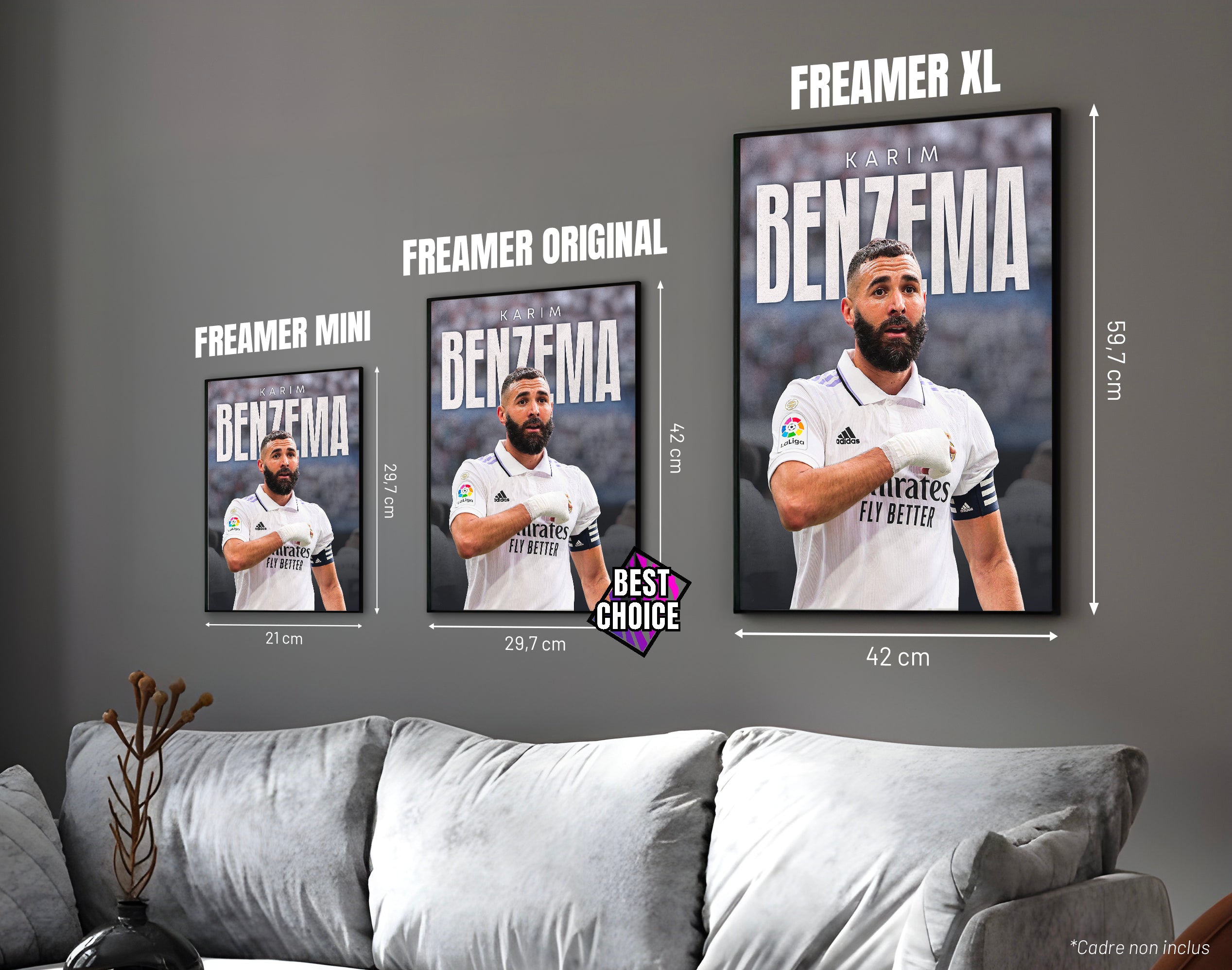 Posters "KARIM BENZEMA" – ton blanc - formats A4, A3 et A2 dans cadres, comparaison des tailles avec dimensions