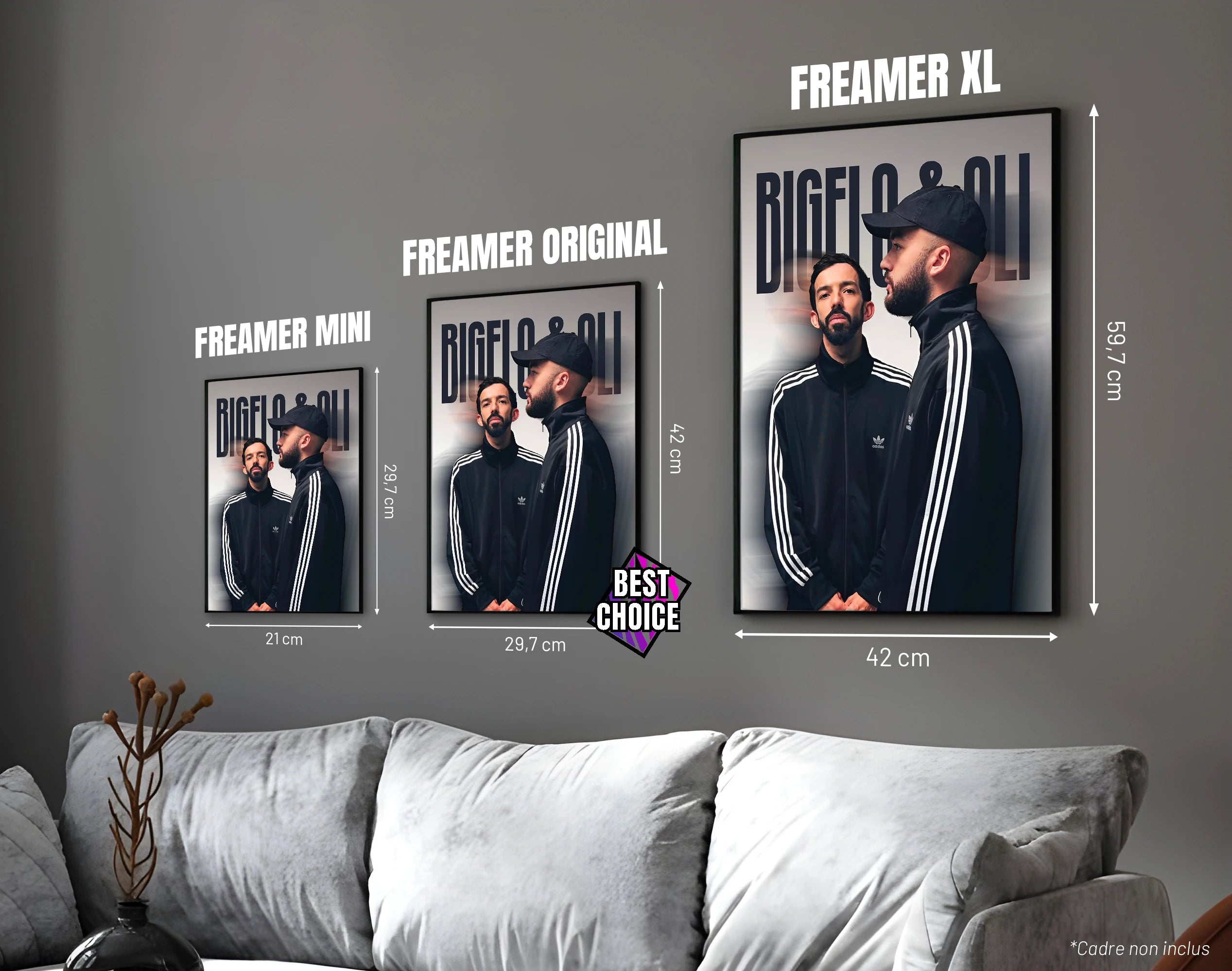 Posters "BIG FLO ET OLI" – ton noir et blanc - formats A4, A3 et A2 dans cadres, comparaison des tailles avec dimensions